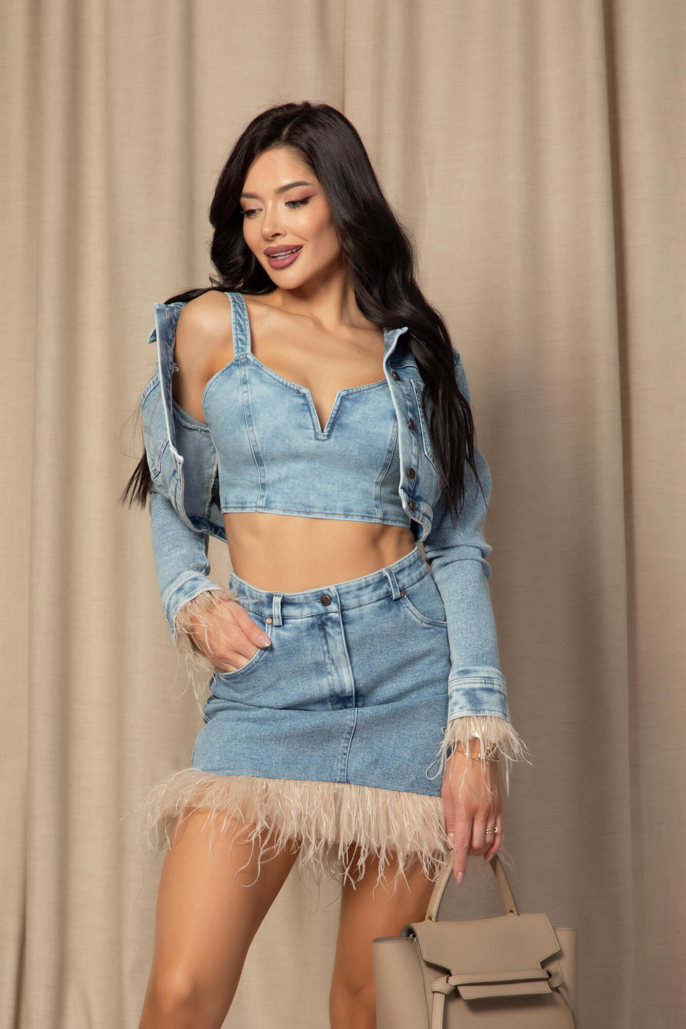 Denim Muse Fustă din Denim cu Pene Naturale - Imagine 21