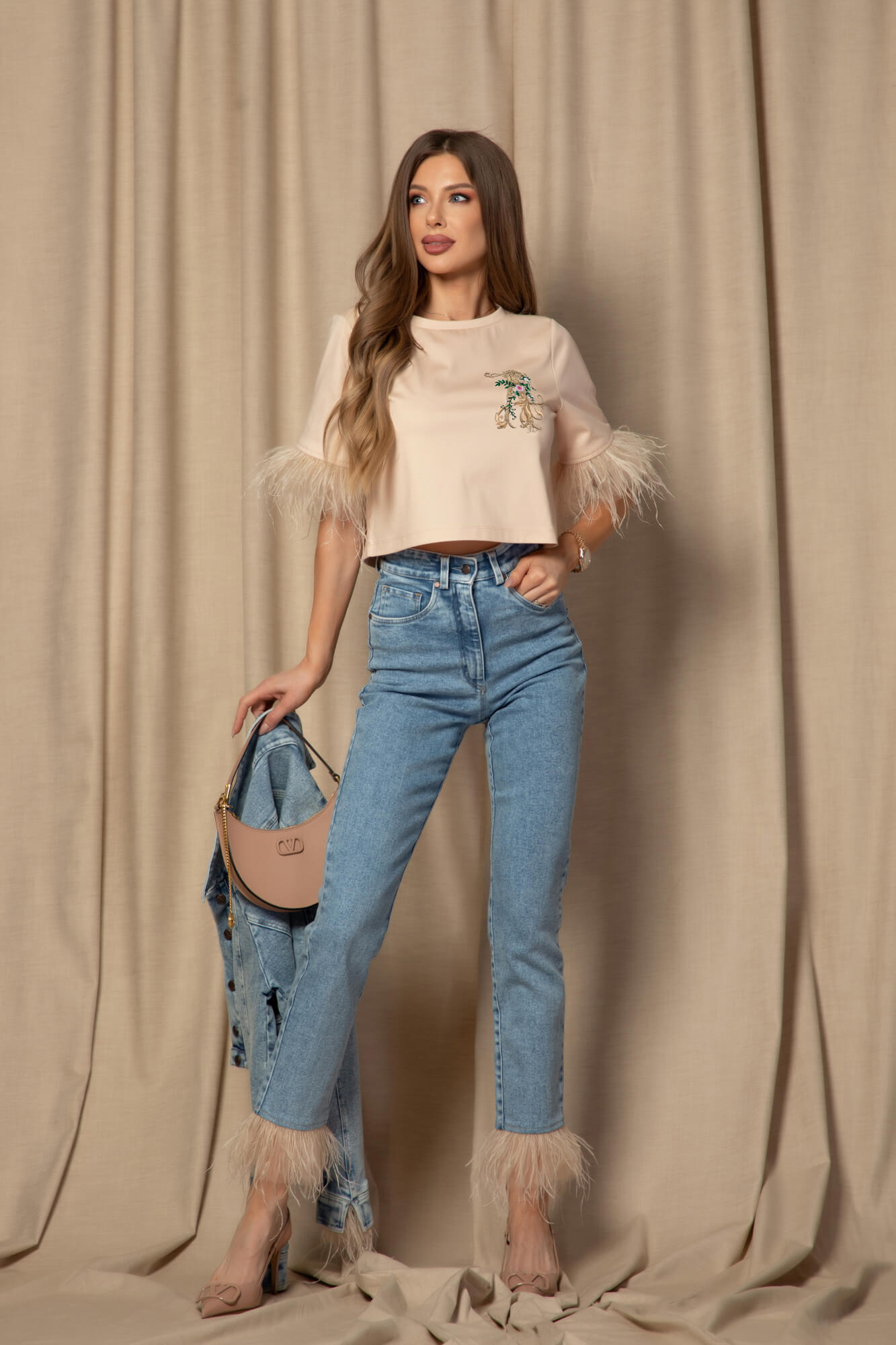 Denim muse Blugi Cu Pene Naturale - Imagine 35