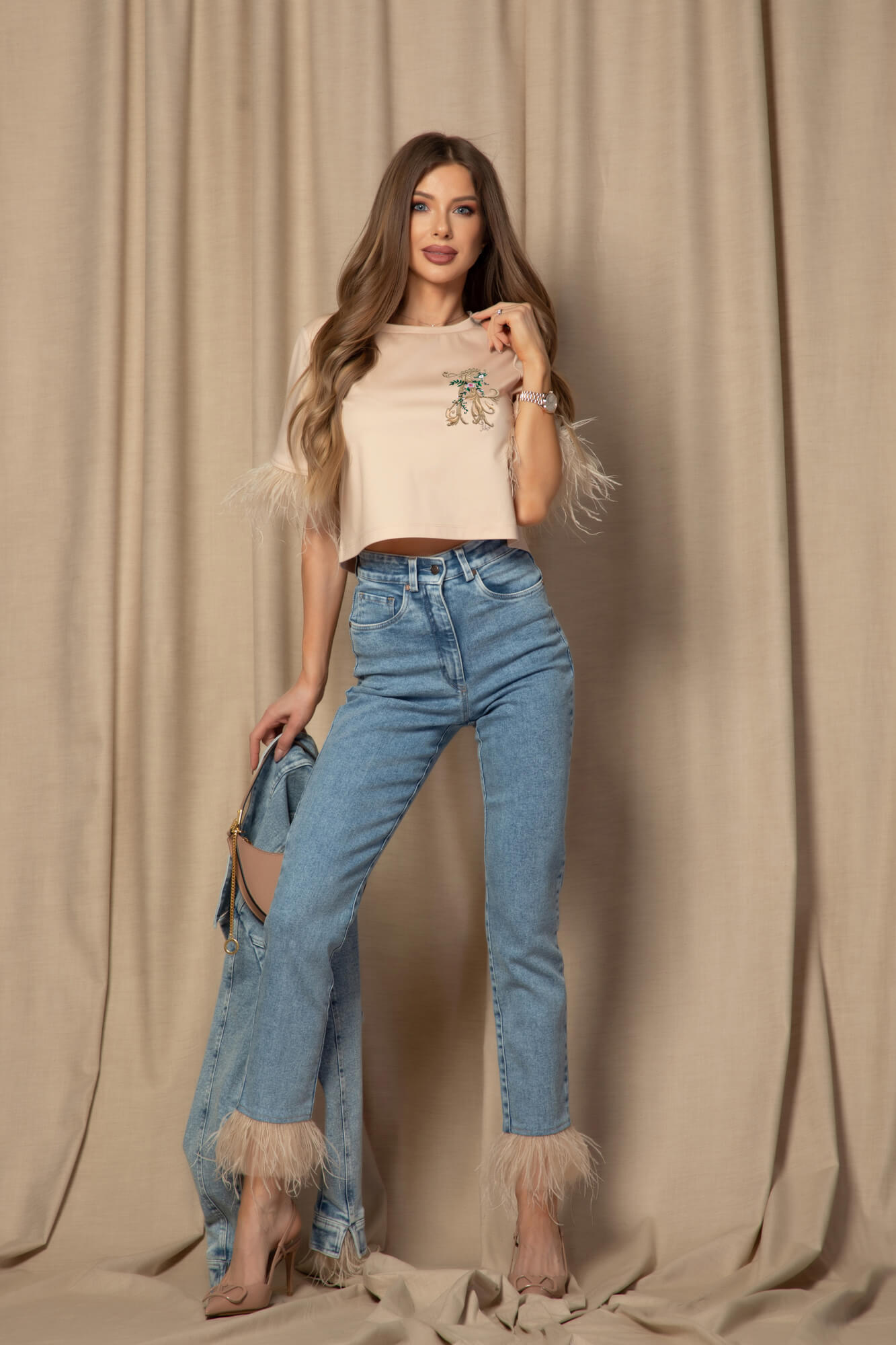 Denim muse Blugi Cu Pene Naturale - Imagine 36