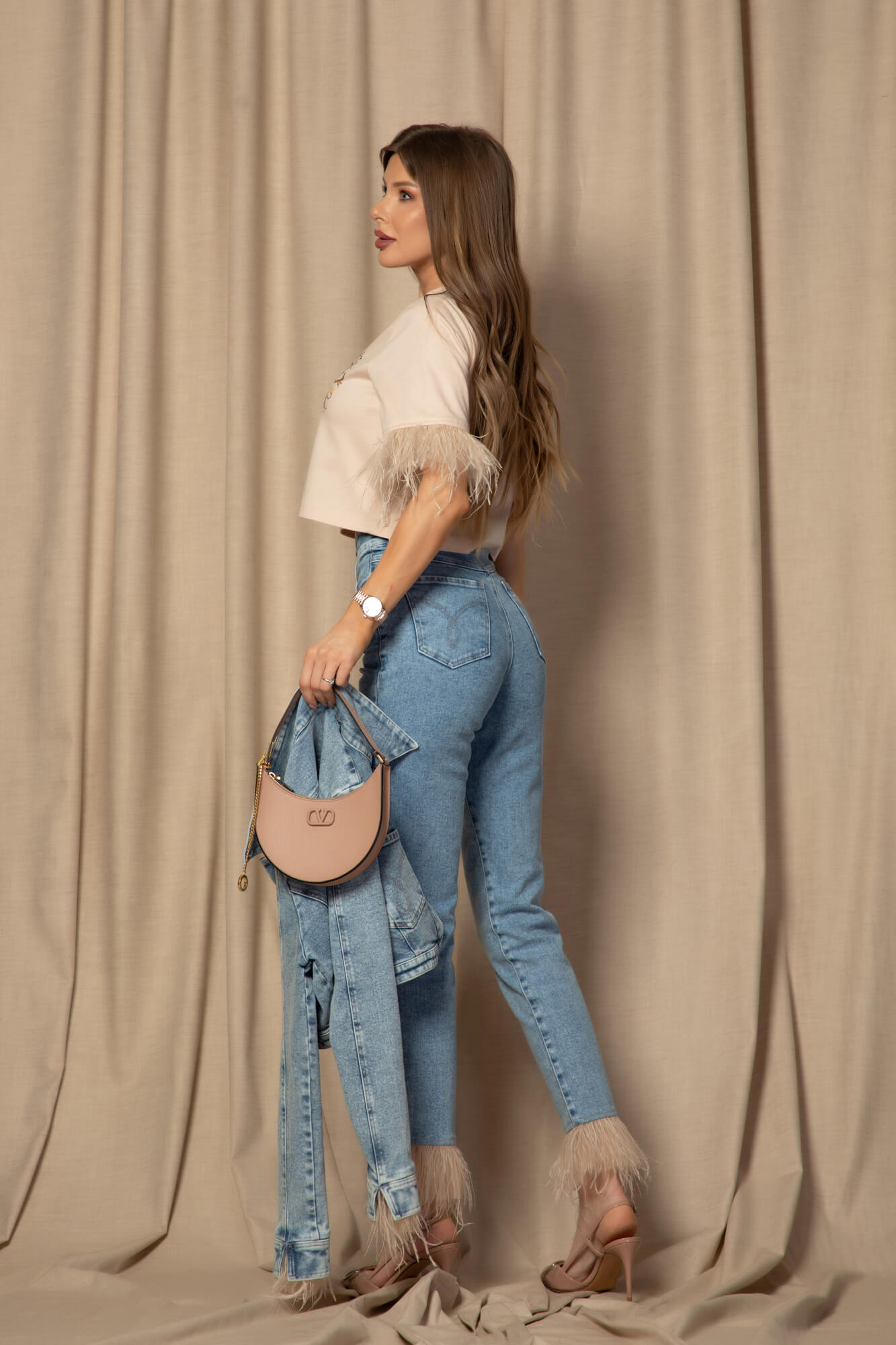 Denim muse Blugi Cu Pene Naturale - Imagine 38