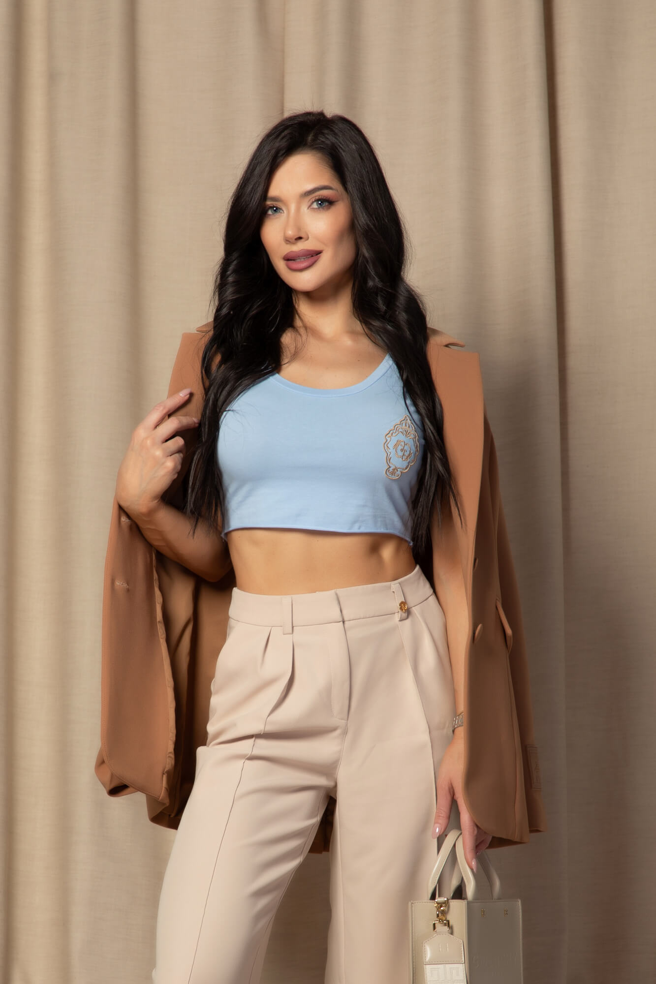 Luxury Classic Bluza Scurtă Din Bumbac - Light Blue - Imagine 9