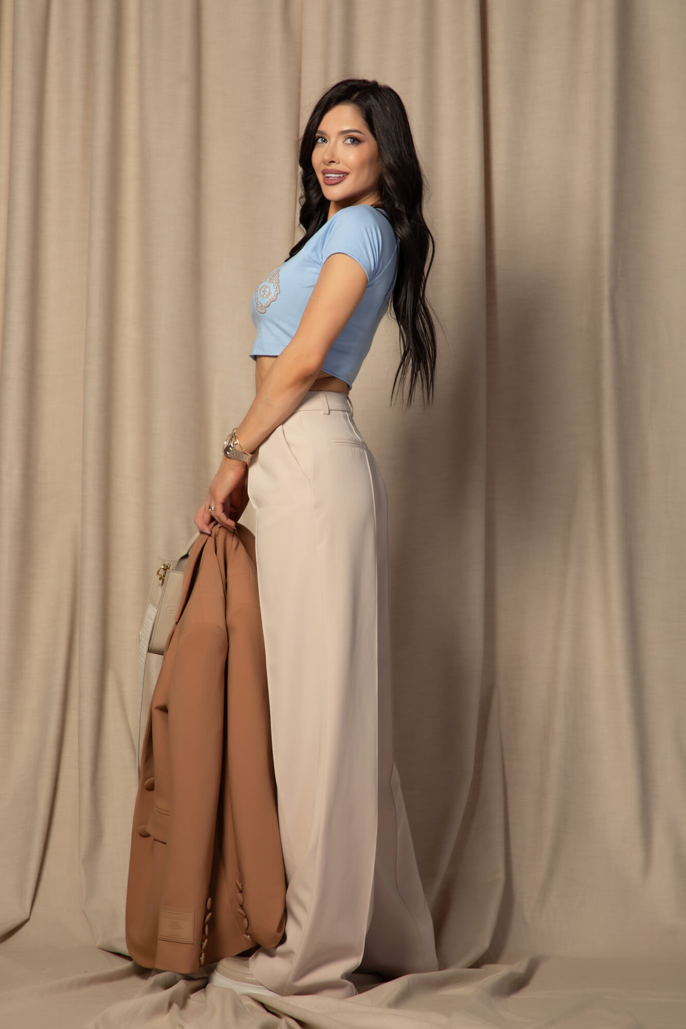 Luxury Classic Bluza Scurtă Din Bumbac - Light Blue - Imagine 8