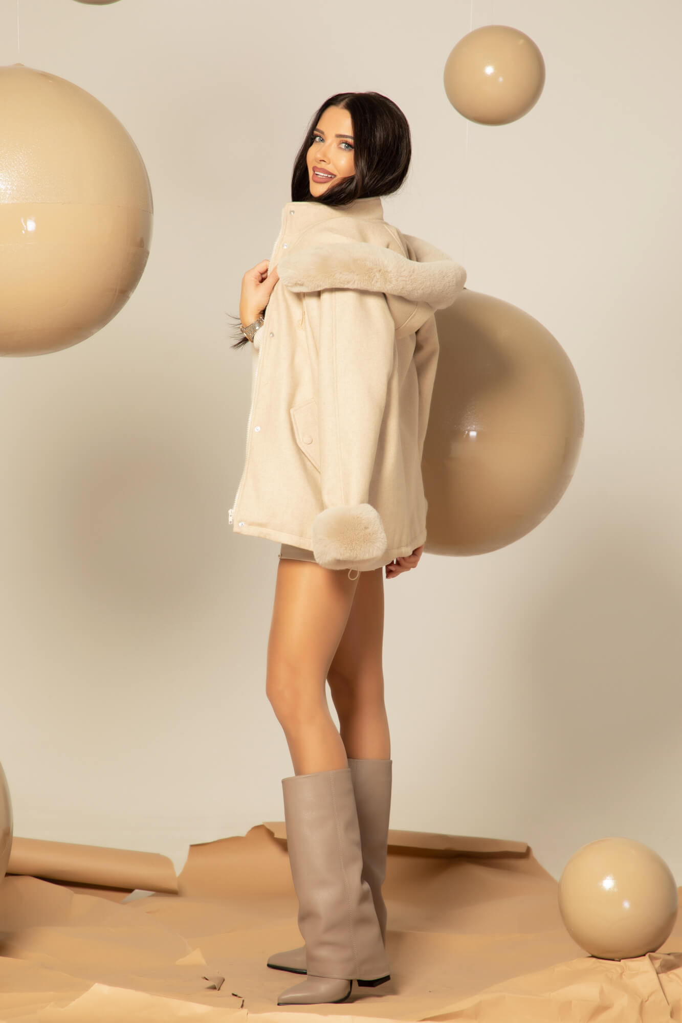 Winter Pulse Palton de Iarnă - Bomber din Cașmir - Soft Beige - Imagine 43