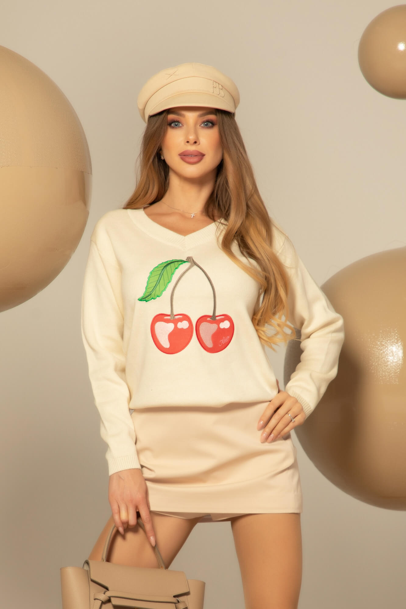 Pulover tricotat Cherry on Top - Cream - Imagine 12