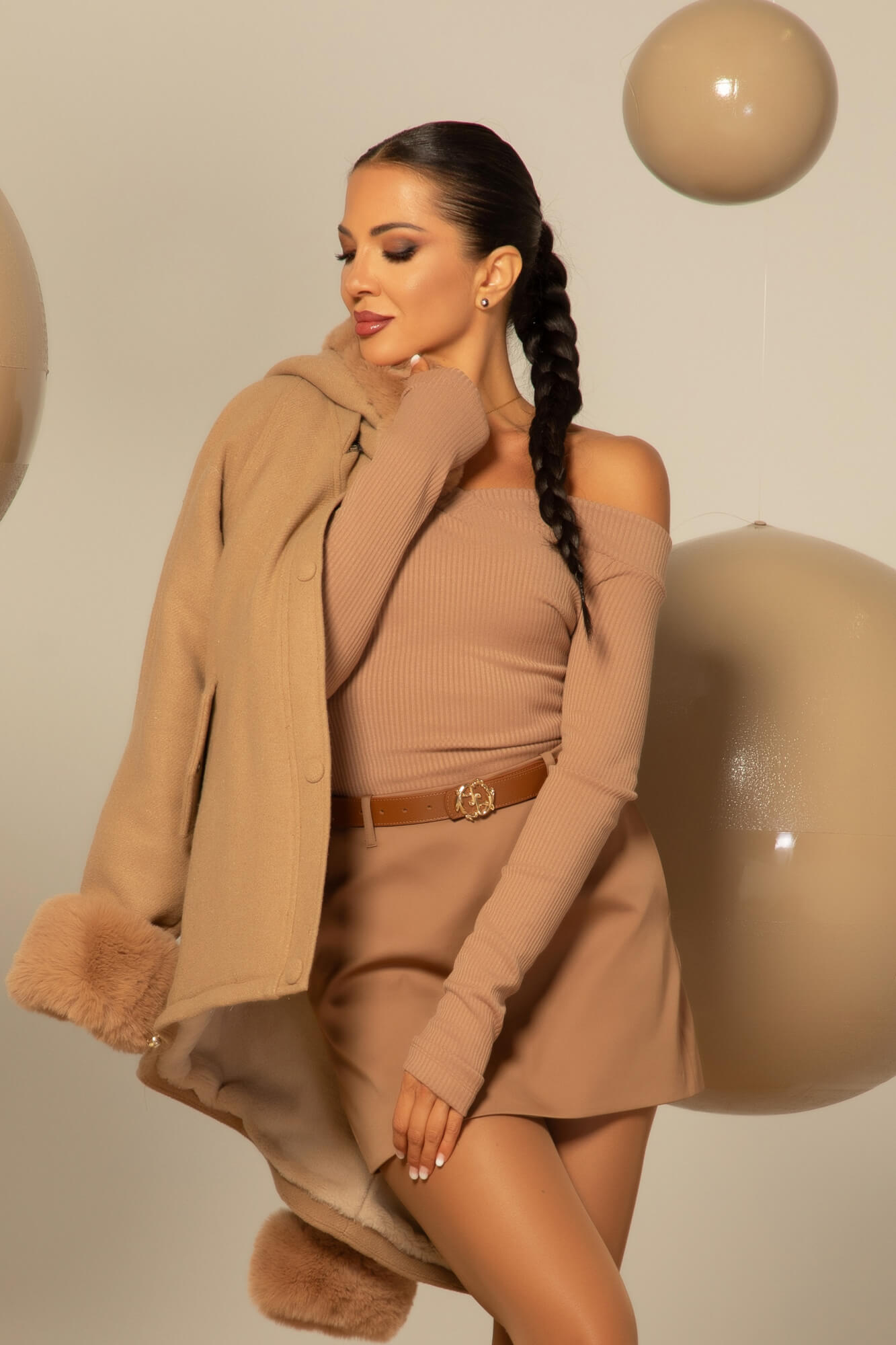 Ribbed Serenity Bluză-Barcă - Mocha - Imagine 13