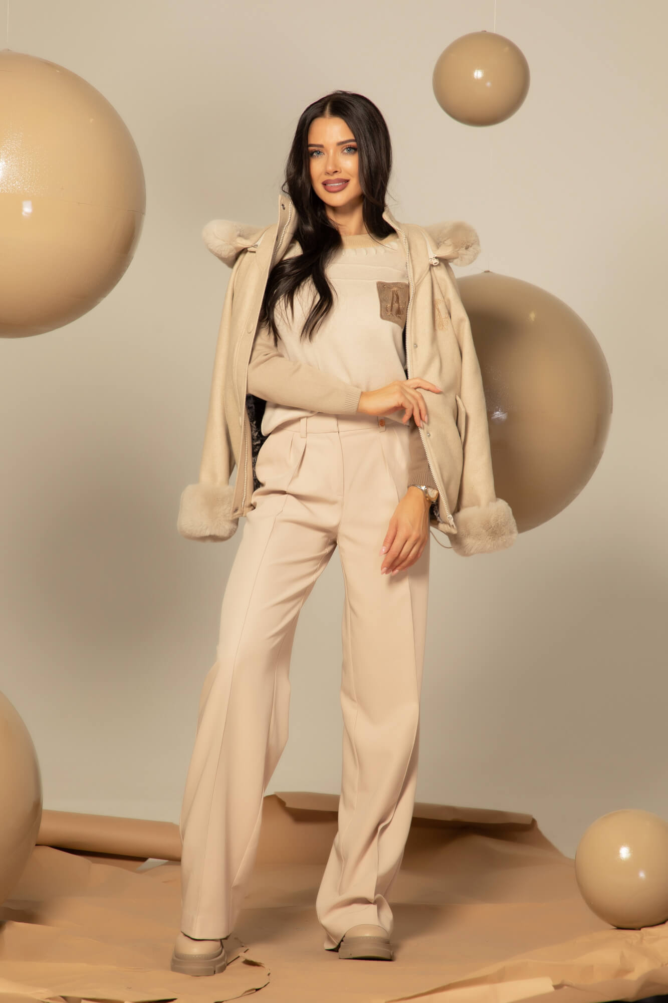Winter Pulse Palton de Iarnă - Bomber din Cașmir - Soft Beige - Imagine 37