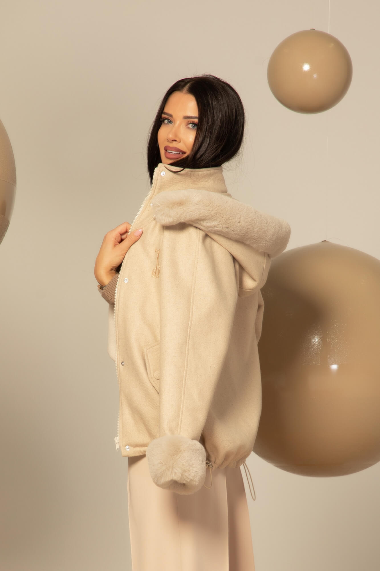 Winter Pulse Palton de Iarnă - Bomber din Cașmir - Soft Beige - Imagine 32