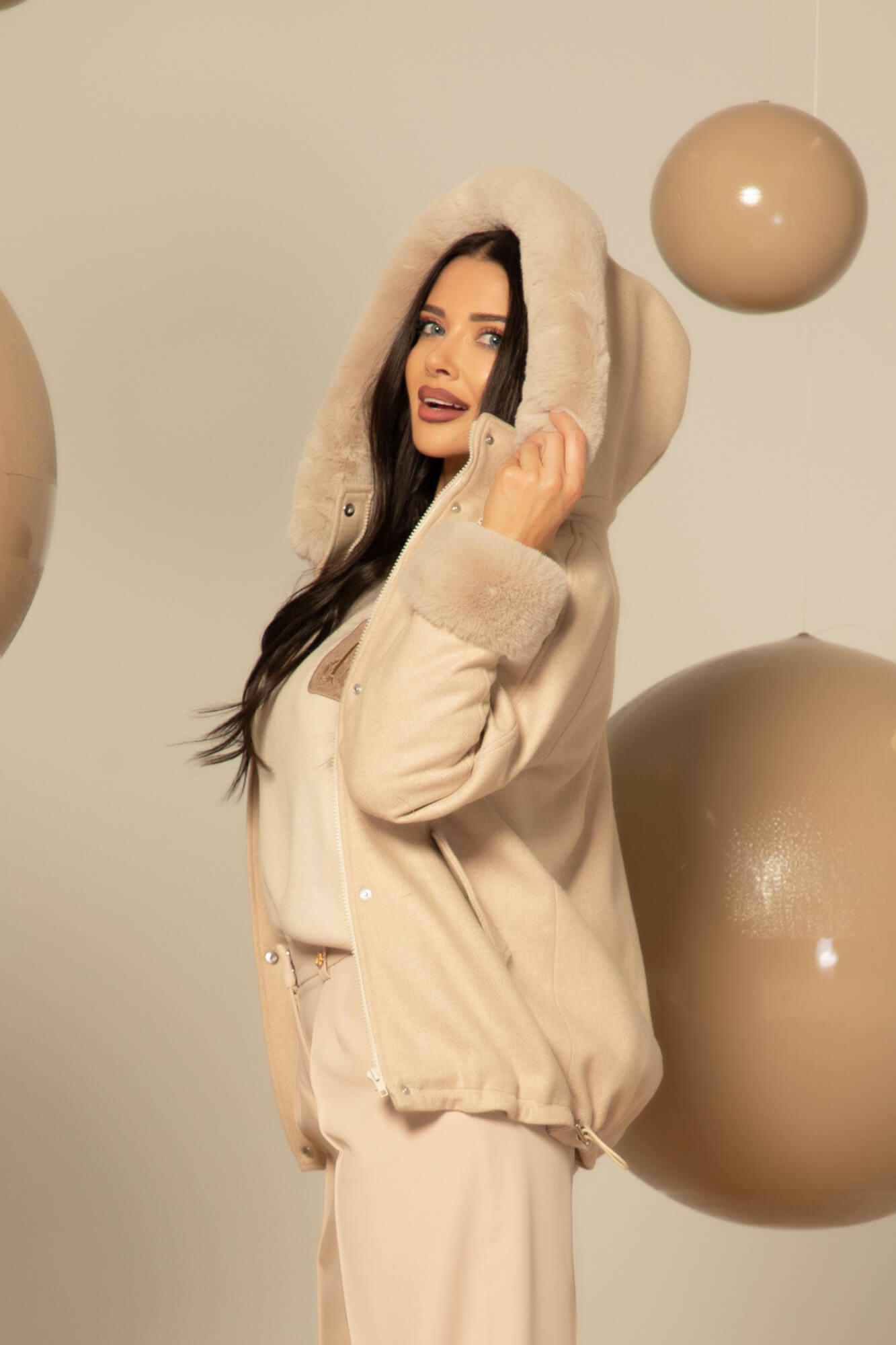 Winter Pulse Palton de Iarnă - Bomber din Cașmir - Soft Beige - Imagine 46