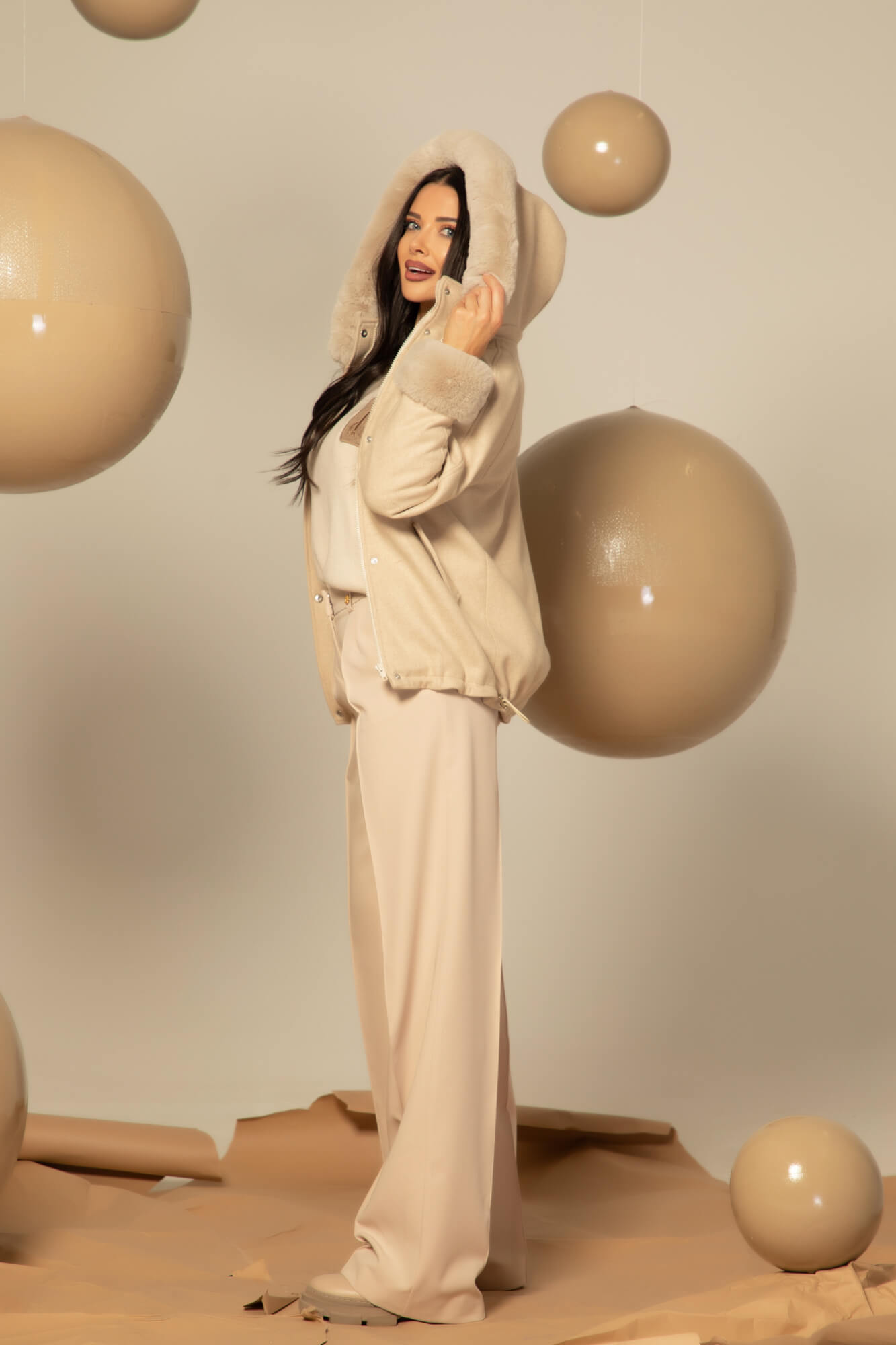 Winter Pulse Palton de Iarnă - Bomber din Cașmir - Soft Beige - Imagine 47