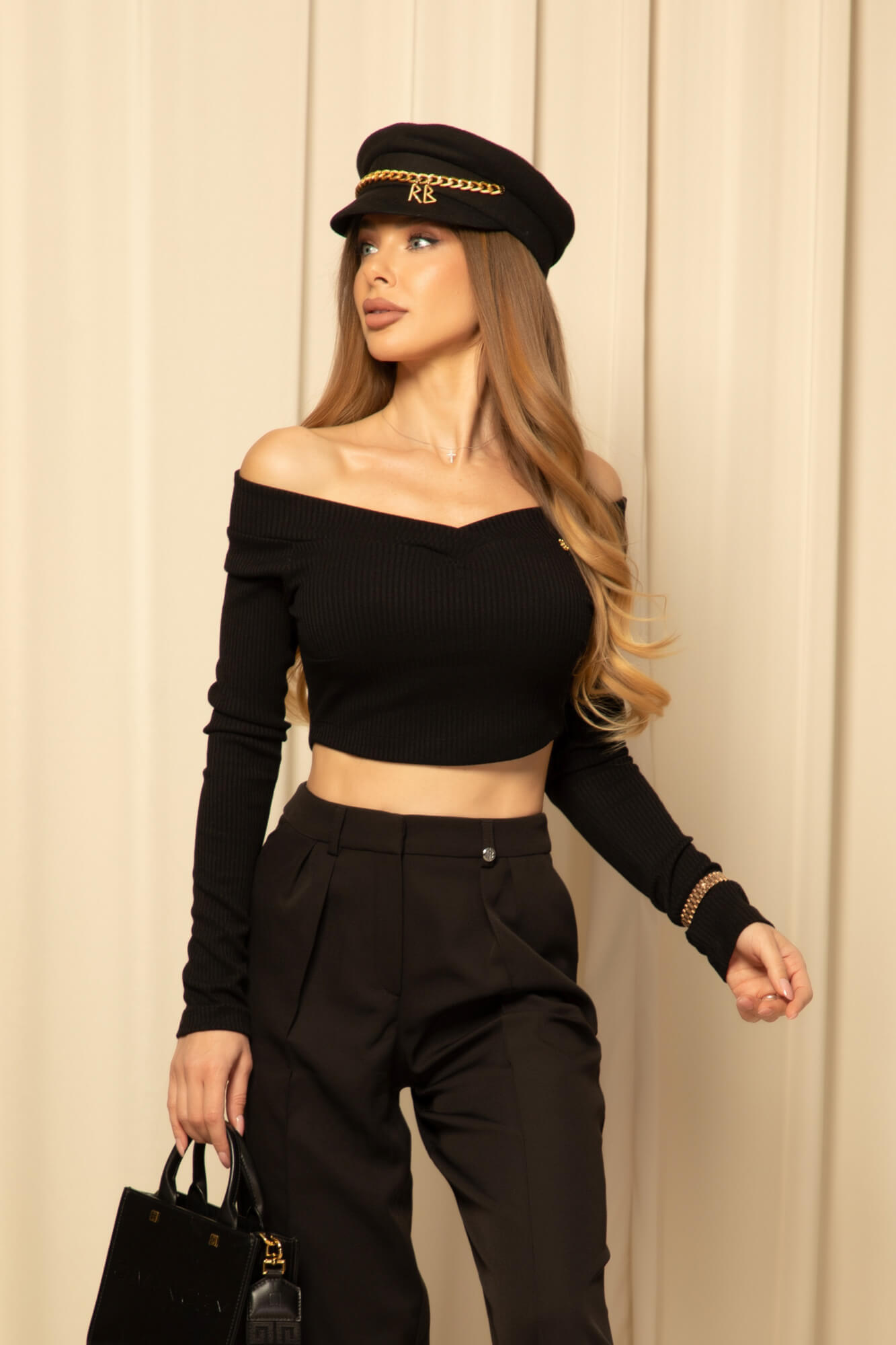 Ribbed Serenity Bluza scurtă cu decolteu barcă - Black - Imagine 13
