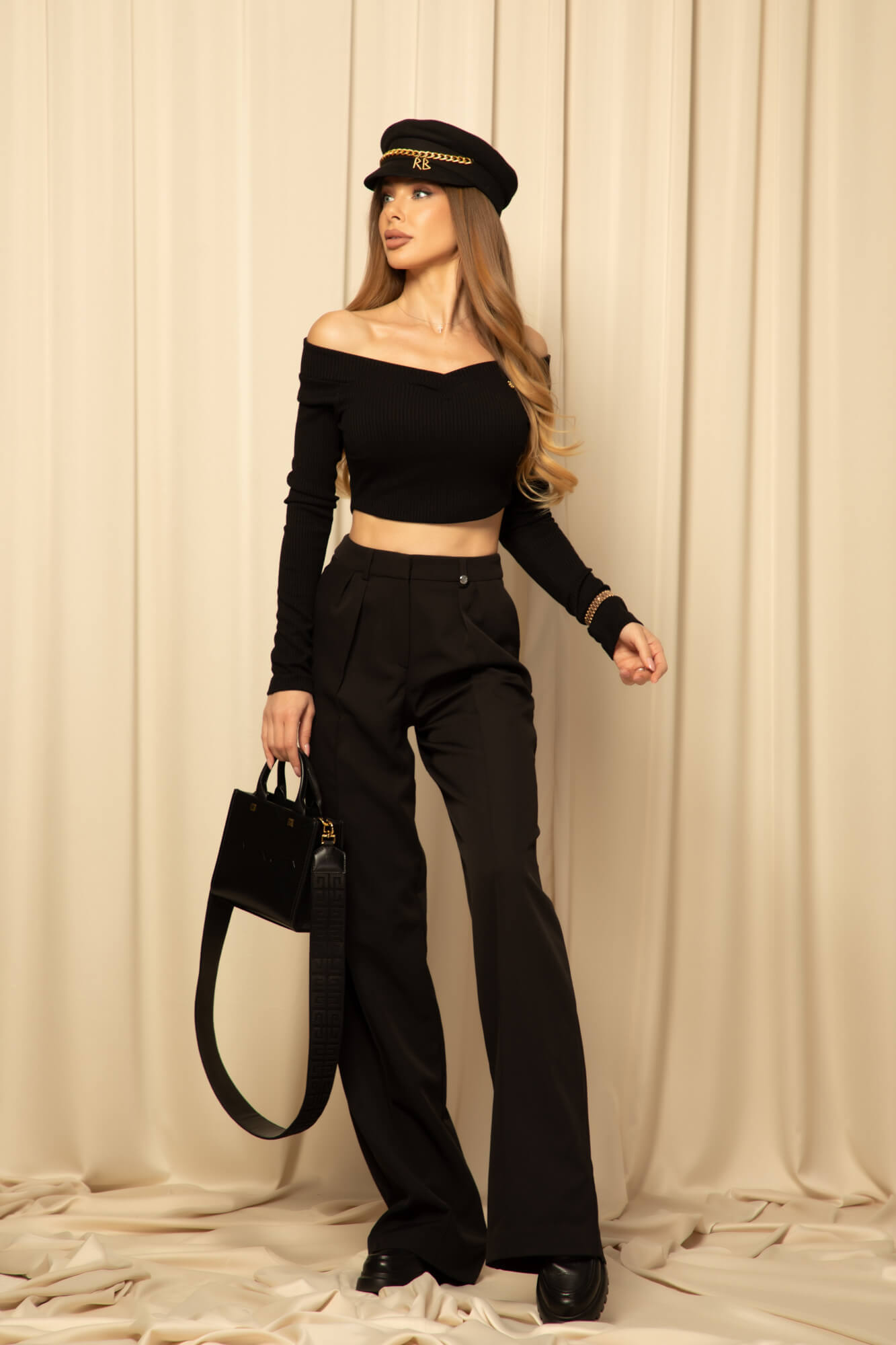 Ribbed Serenity Bluza scurtă cu decolteu barcă - Black - Imagine 14