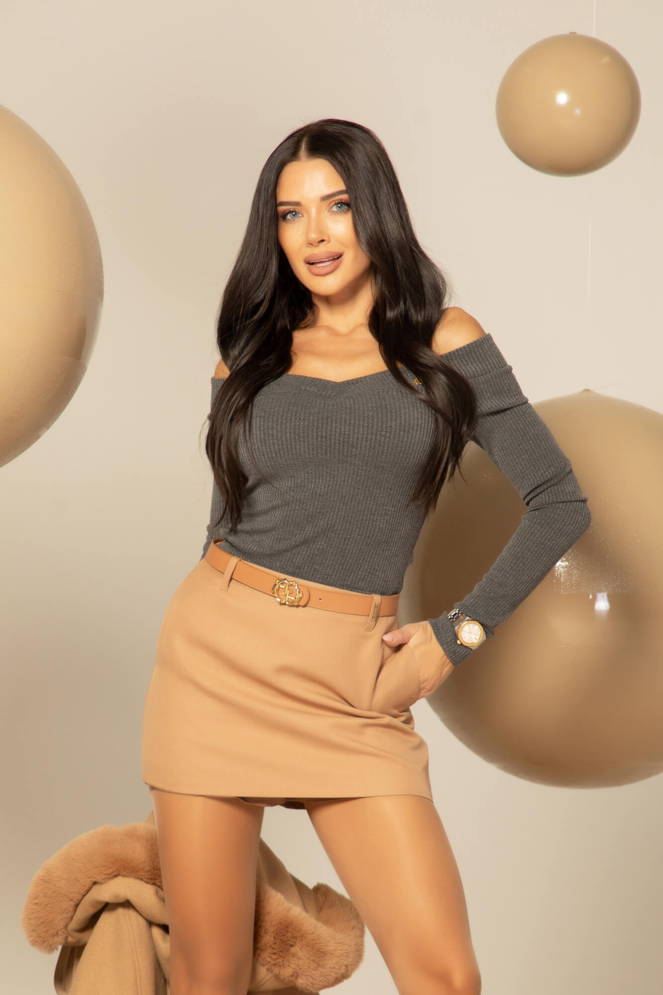 Ribbed Serenity Bluza-Barcă - Anthracite - Imagine 34