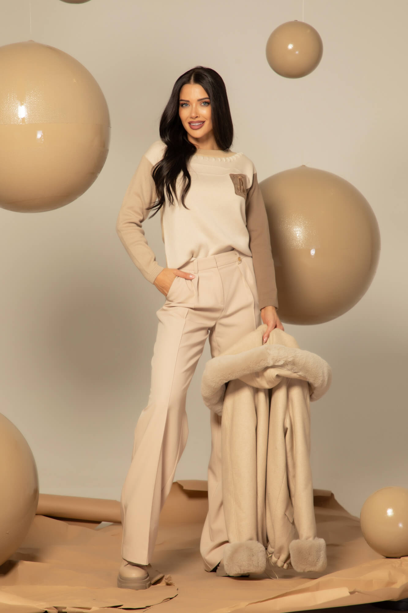 Winter Pulse Palton de Iarnă - Bomber din Cașmir - Soft Beige - Imagine 53