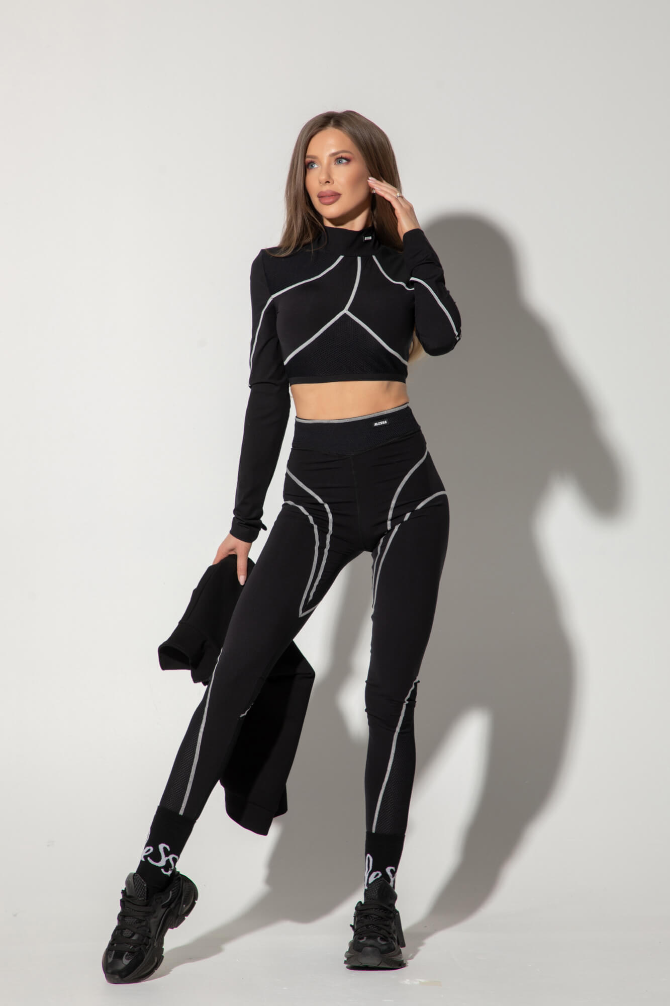 Prime Active Crop-Top cu Mâneci Lung - Black/White - Imagine 15