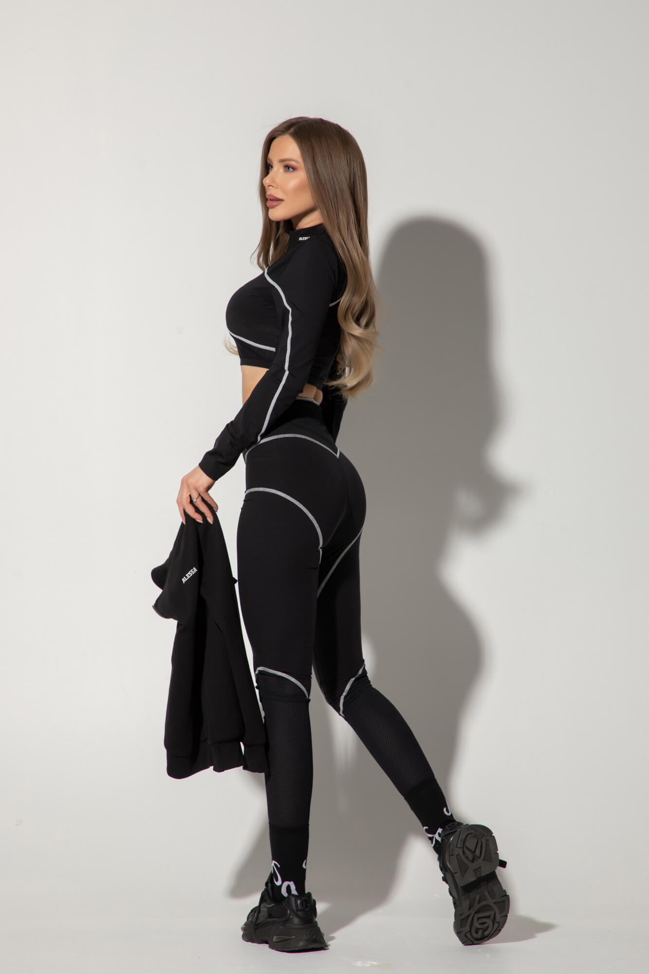Prime Active Crop-Top cu Mâneci Lung - Black/White - Imagine 11