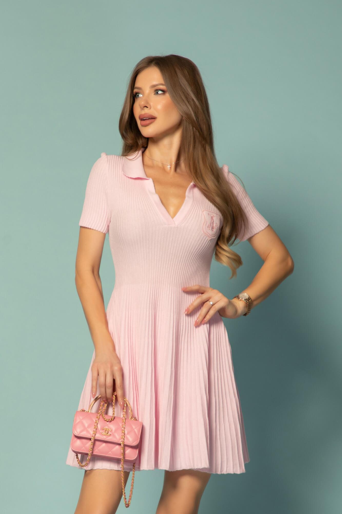 Pastel muse Rochie Scurtă Din Tricotaj - Light Pink - Imagine 16