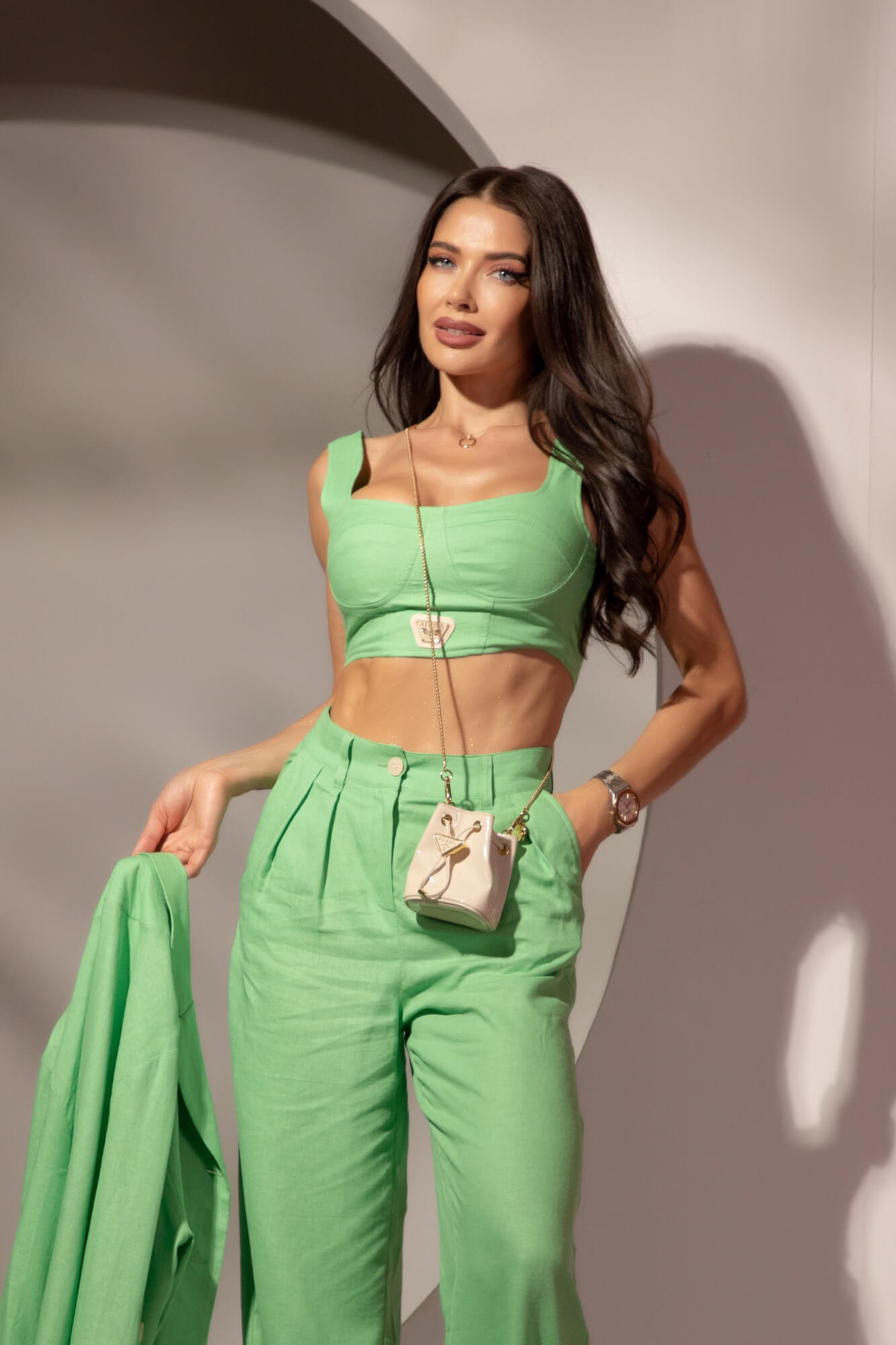 Linen Muse Pantaloni Lungi Din In - Green - Imagine 18