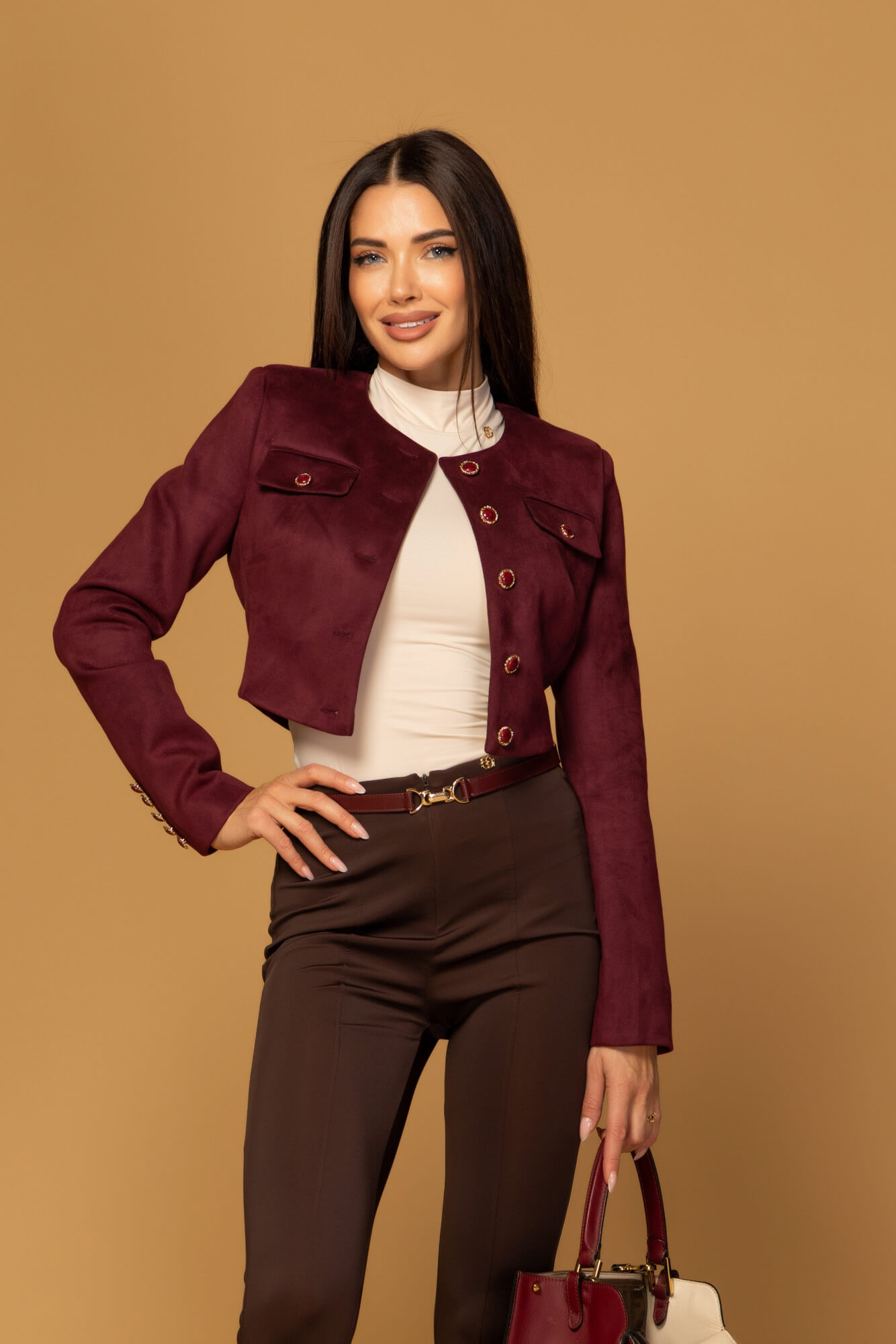Charming style Blazer scurt din velur - Burgundy - Imagine 18