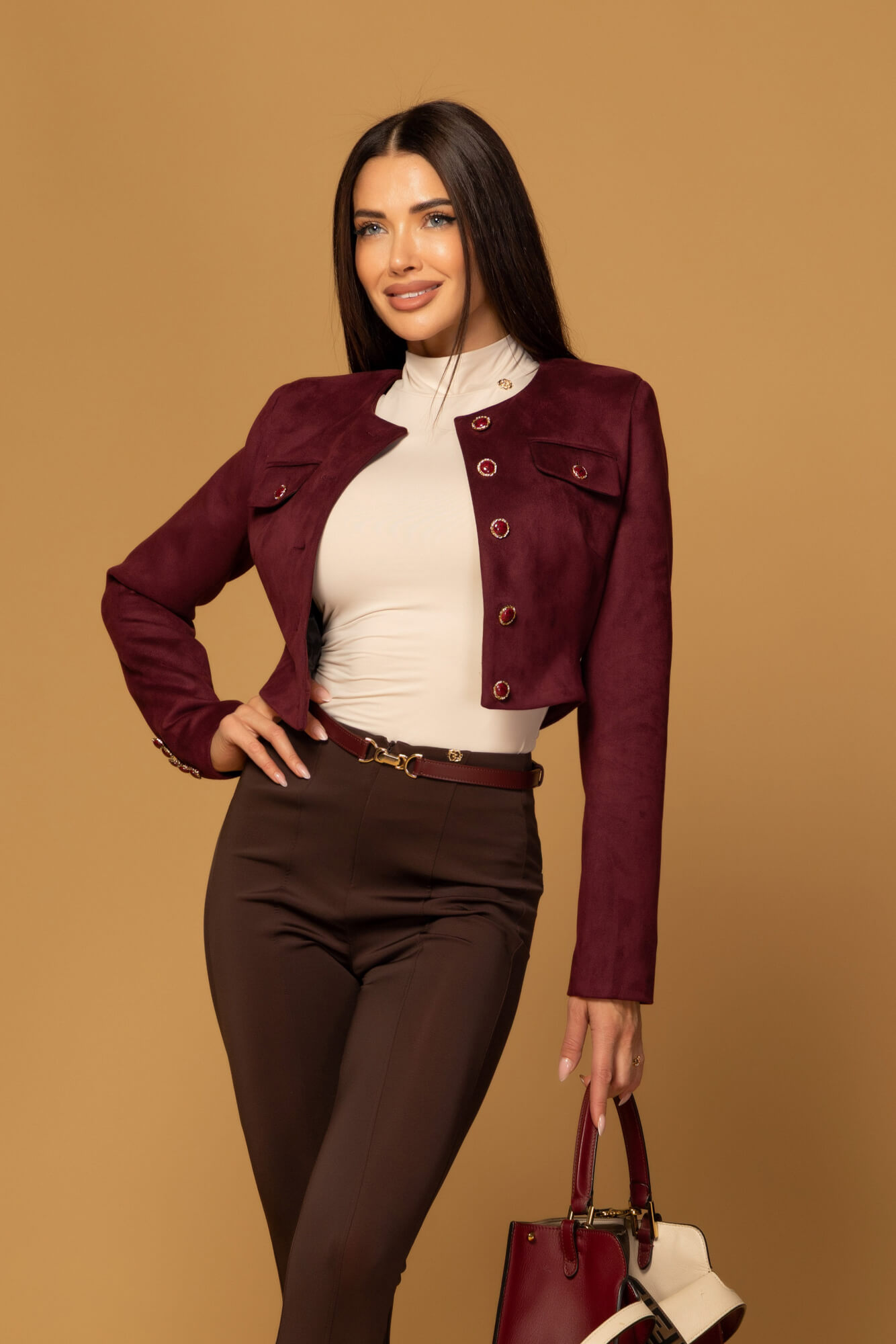 Charming style Blazer scurt din velur - Burgundy - Imagine 13