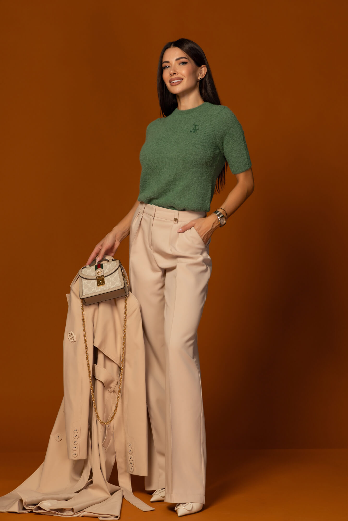 Emblem Knit Bluză din tricot moale și pufos - Green - Imagine 10