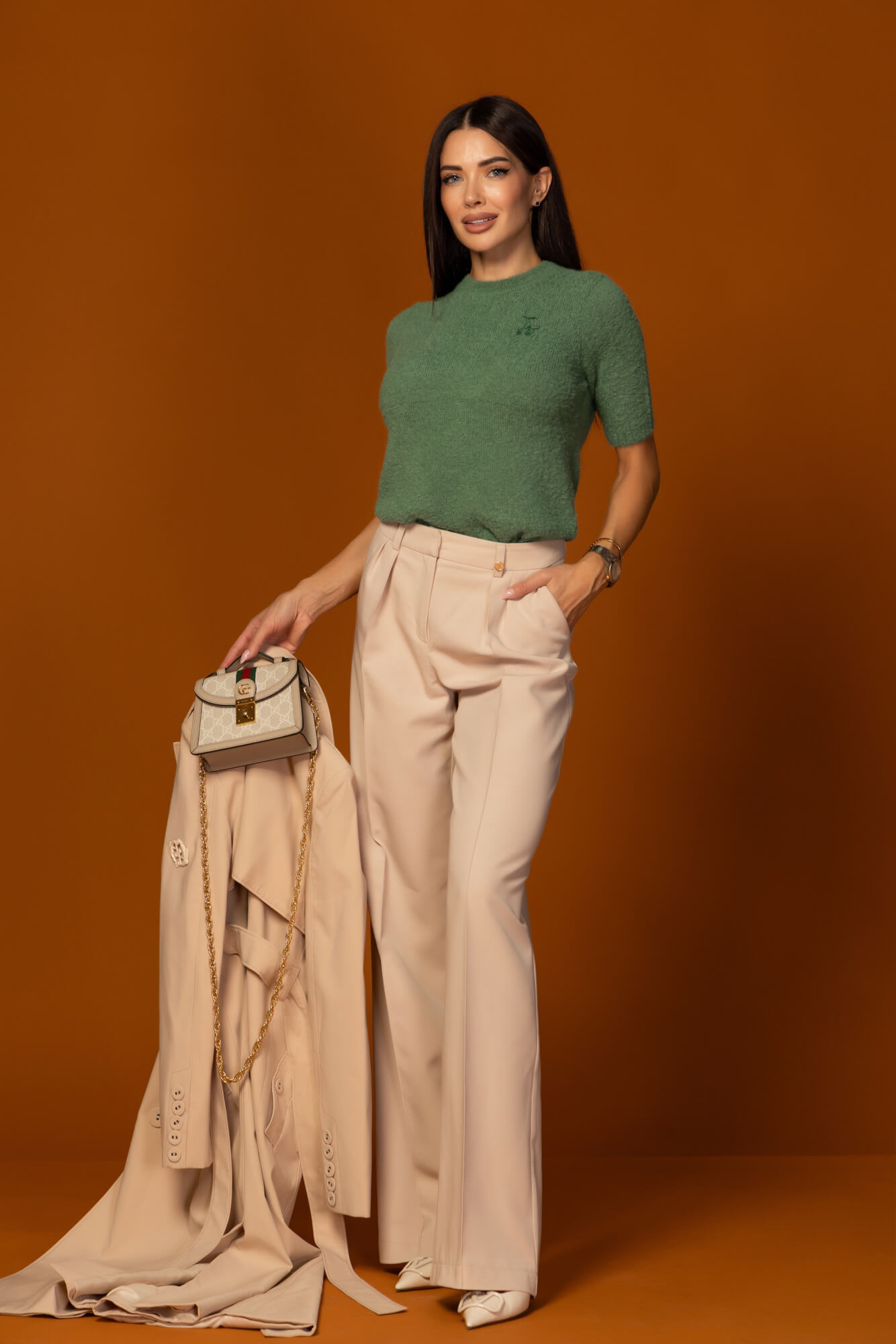 Emblem Knit Bluză din tricot moale și pufos - Green - Imagine 12