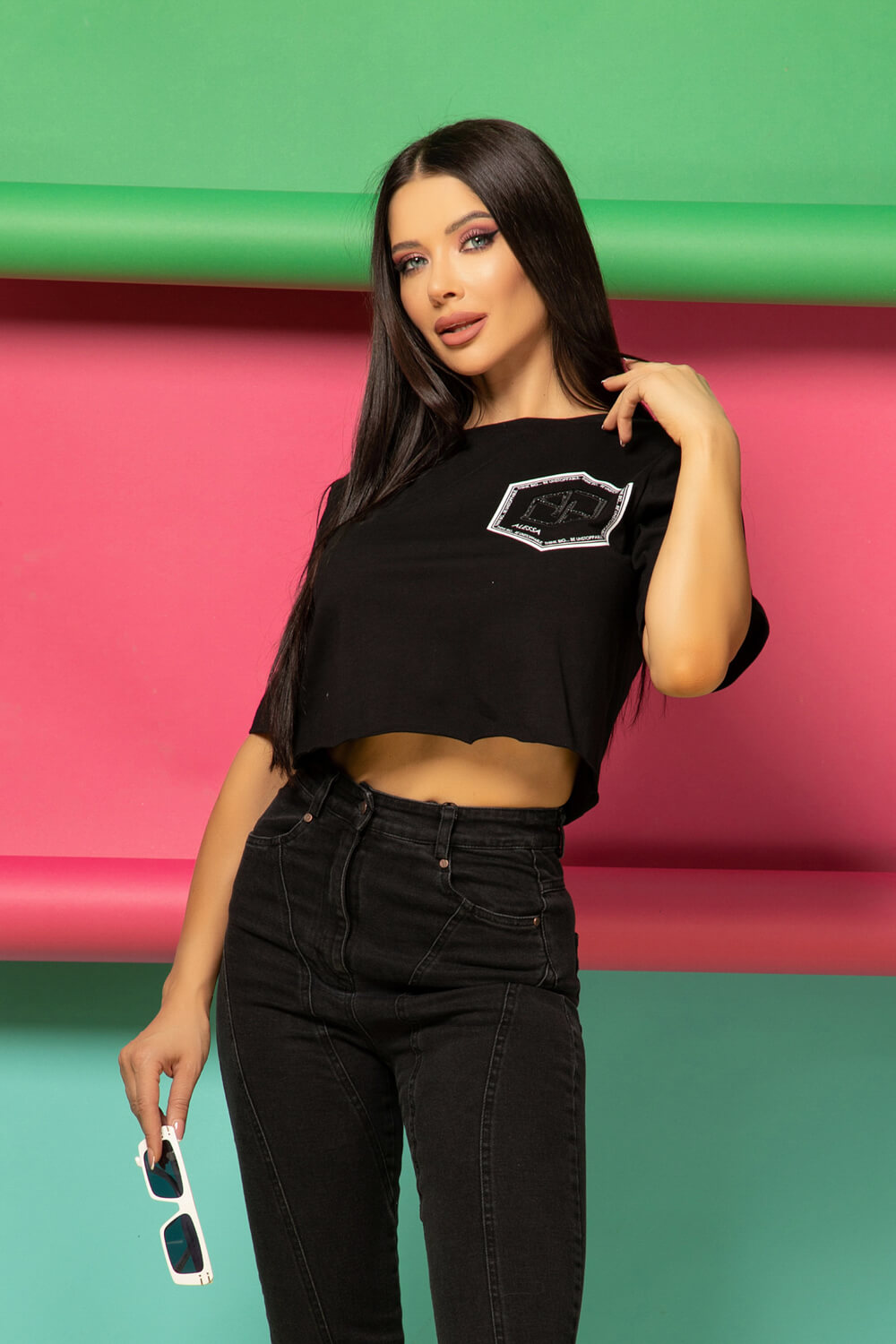 For Your Eyes Only Crop T-Shirt din bumbac - Negru - Imagine 13