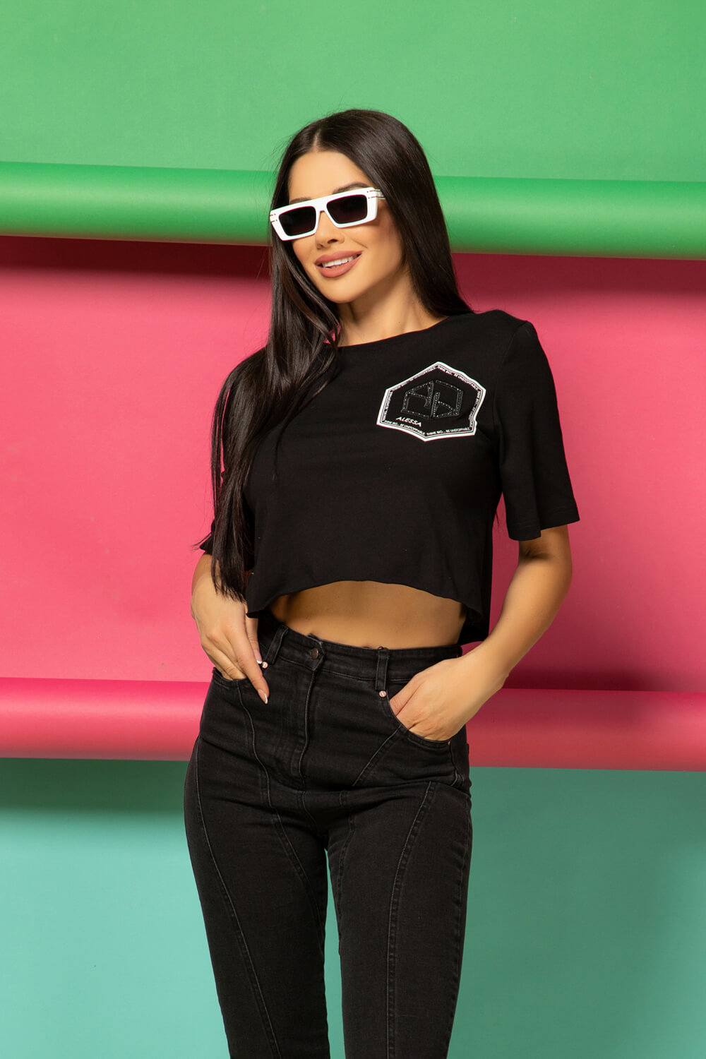 For Your Eyes Only Crop T-Shirt din bumbac - Negru - Imagine 15