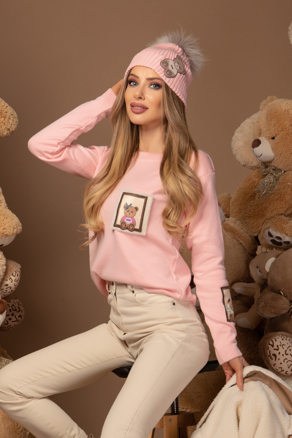 Căciulă Alessa Bear cu puf natural - roz - Imagine 16