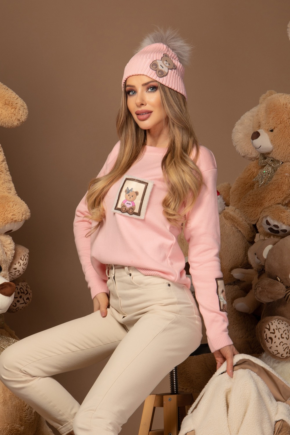 Căciulă Alessa Bear cu puf natural - roz - Imagine 12