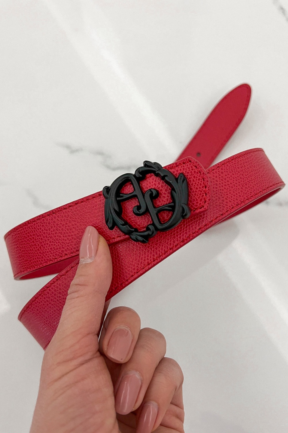 Curea roșie cu logo rococo - îngustă cu cataramă neagră - Imagine 9