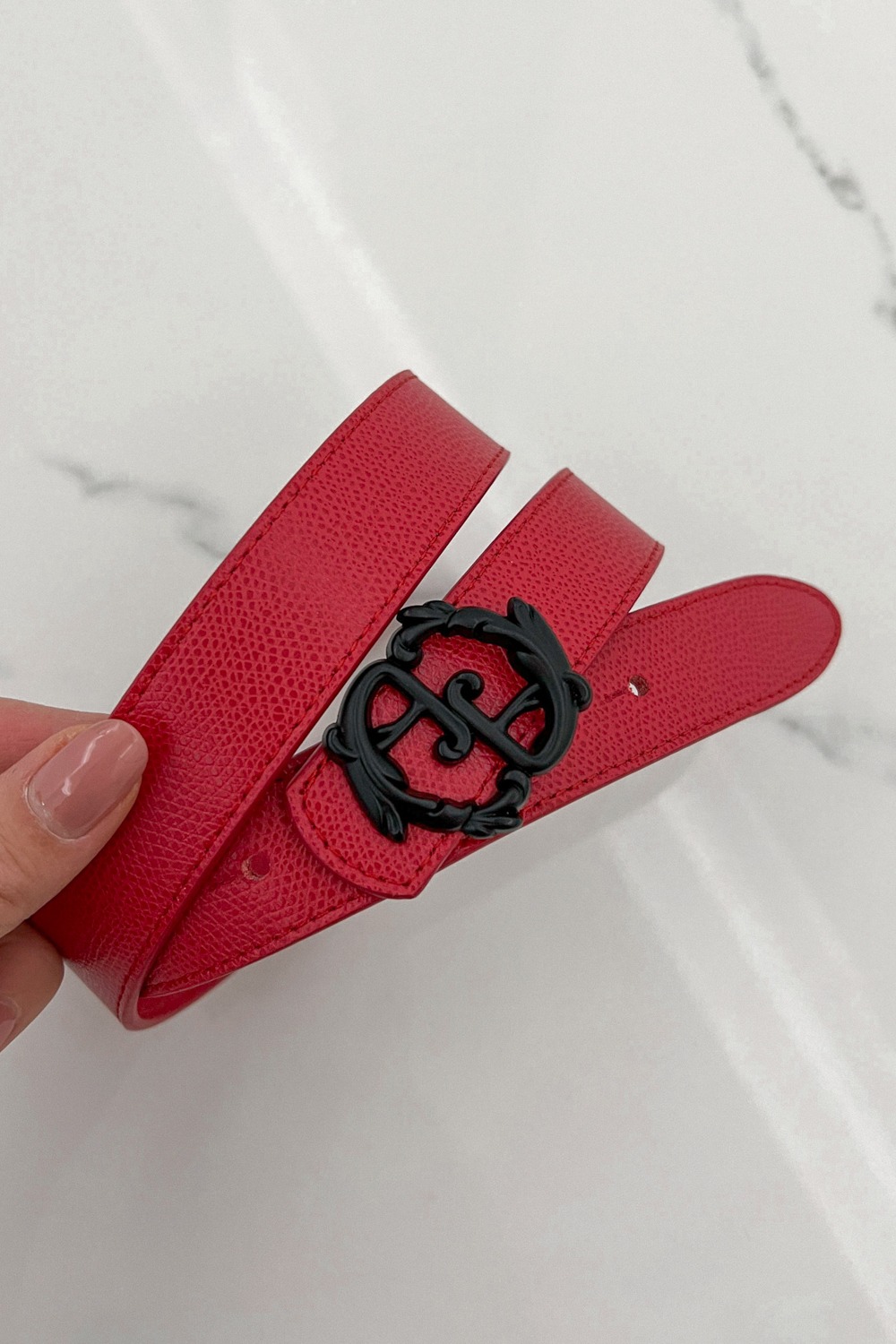 Curea roșie cu logo rococo - îngustă cu cataramă neagră - Imagine 7