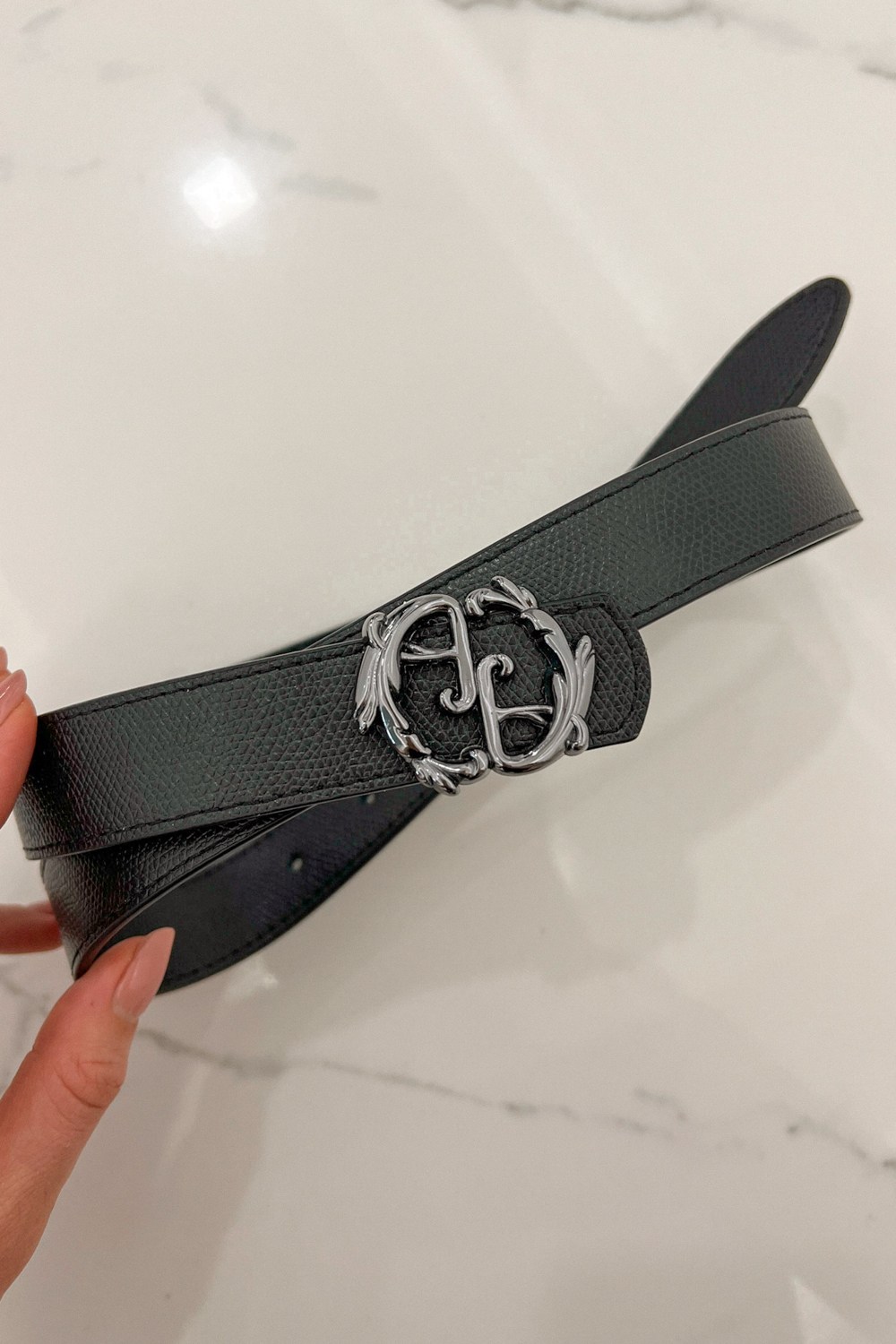 Cureaua neagră cu logo rococo - îngustă cu cataramă nichel închis - Imagine 11