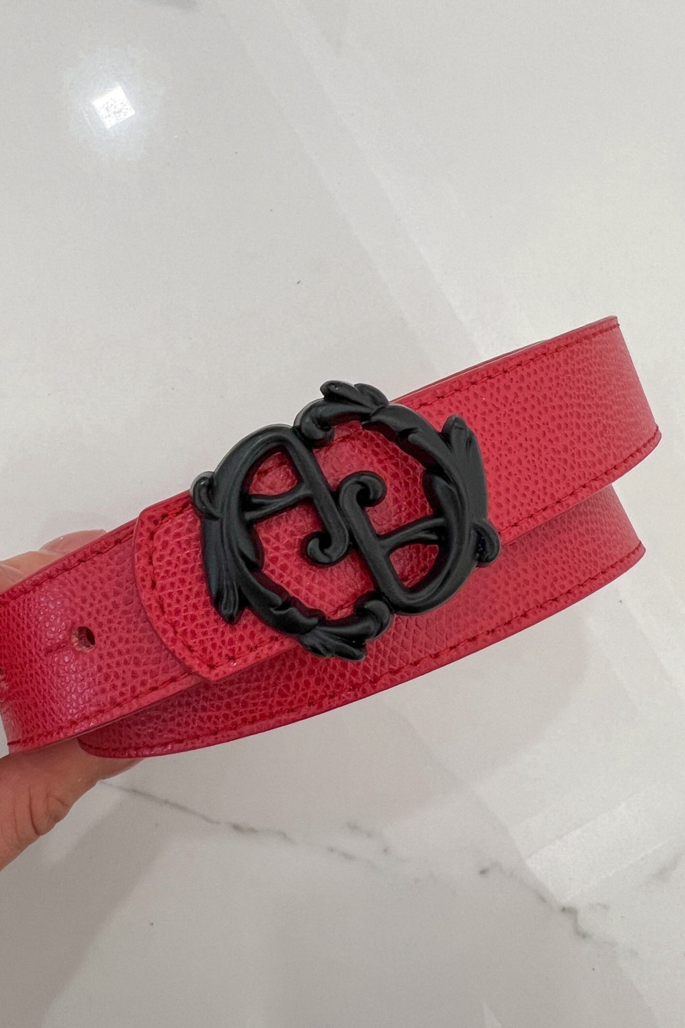 Curea roșie cu logo rococo - îngustă cu cataramă neagră - Imagine 8