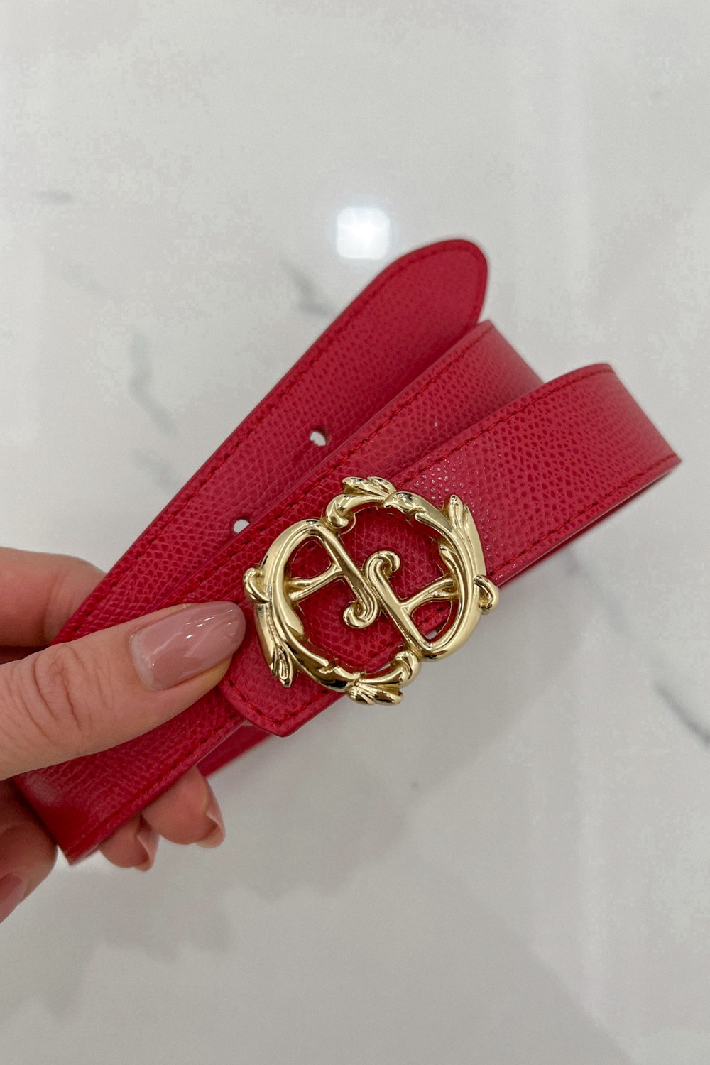Curea roșie cu logo rococo - îngustă cu cataramă aurie - Imagine 6