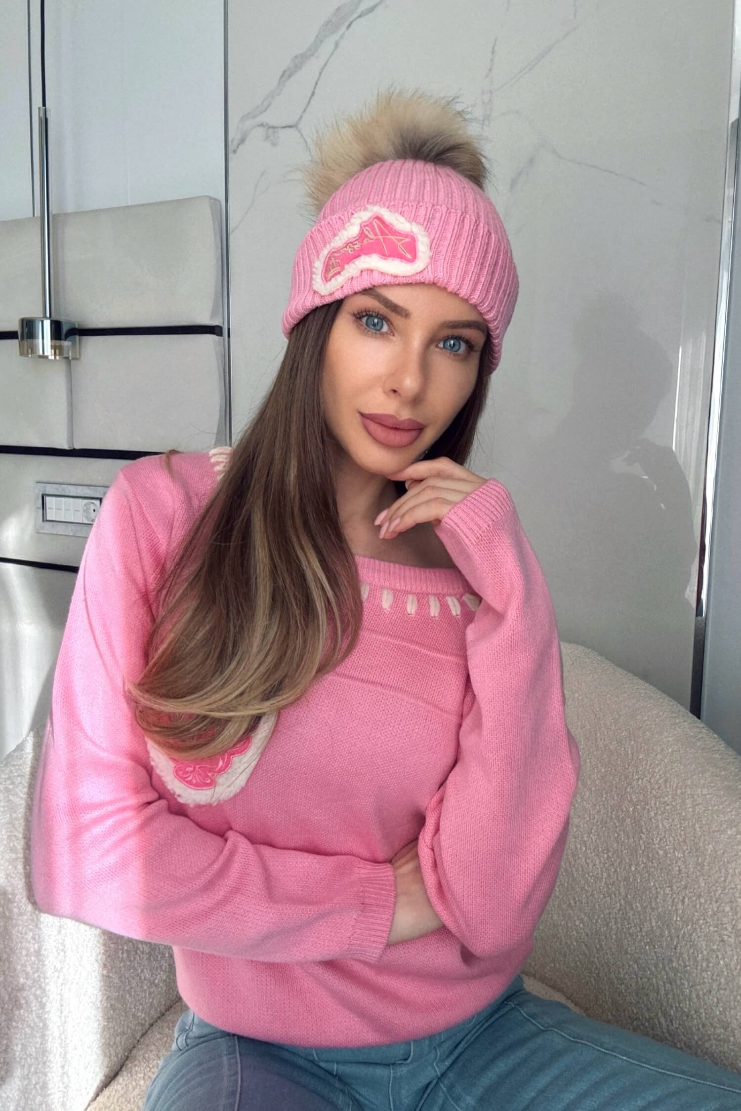 Cityscape Cozy Căciulă Tricotată Cu Puf Natural - Pink - Imagine 10