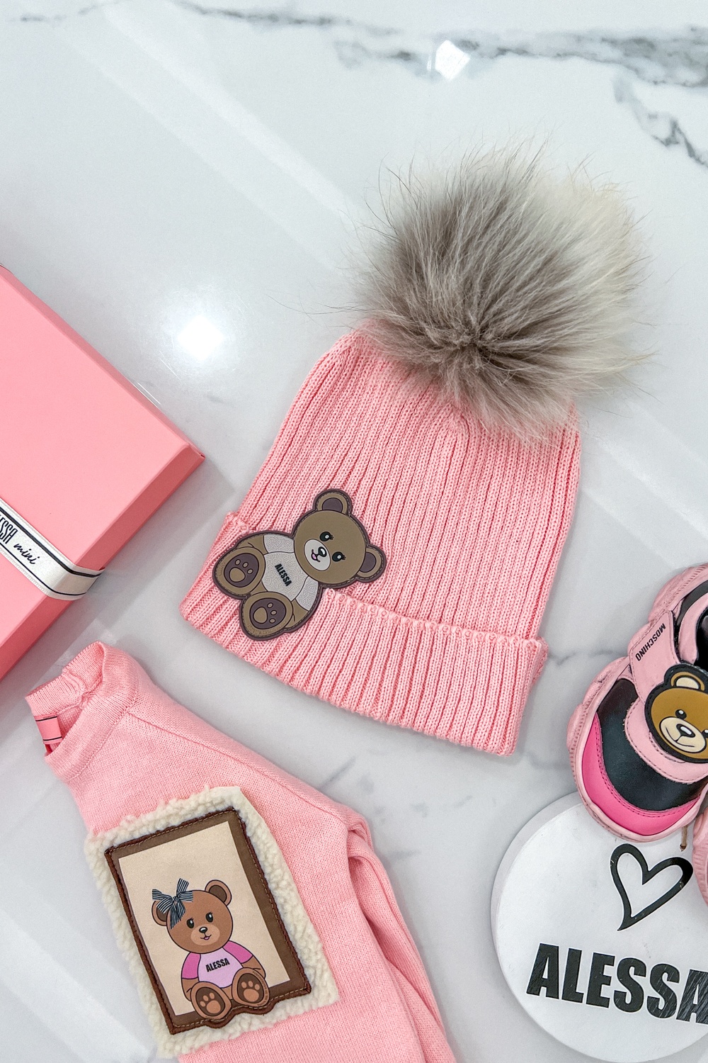 Alessa Bear Mini pălărie tricotată cu puf natural - roz - Imagine 10