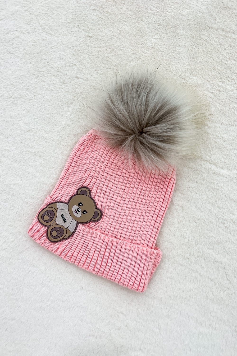 Alessa Bear Mini pălărie tricotată cu puf natural - roz - Imagine 9