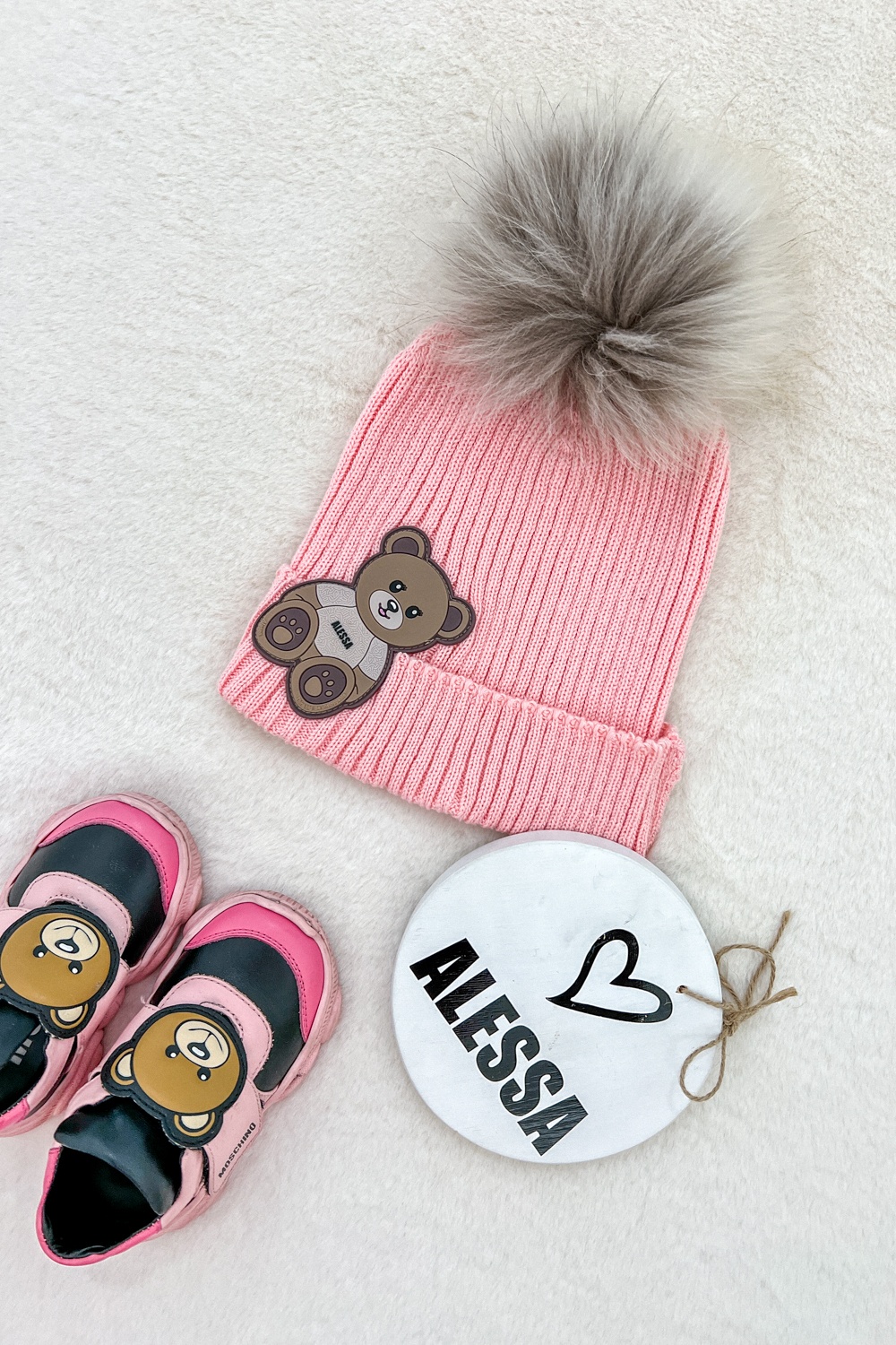 Alessa Bear Mini pălărie tricotată cu puf natural - roz - Imagine 7