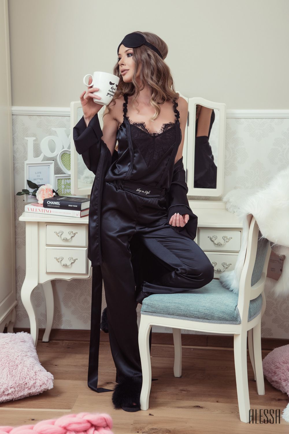 Sleep in Style pantalon lung - satin negru - Imagine 12