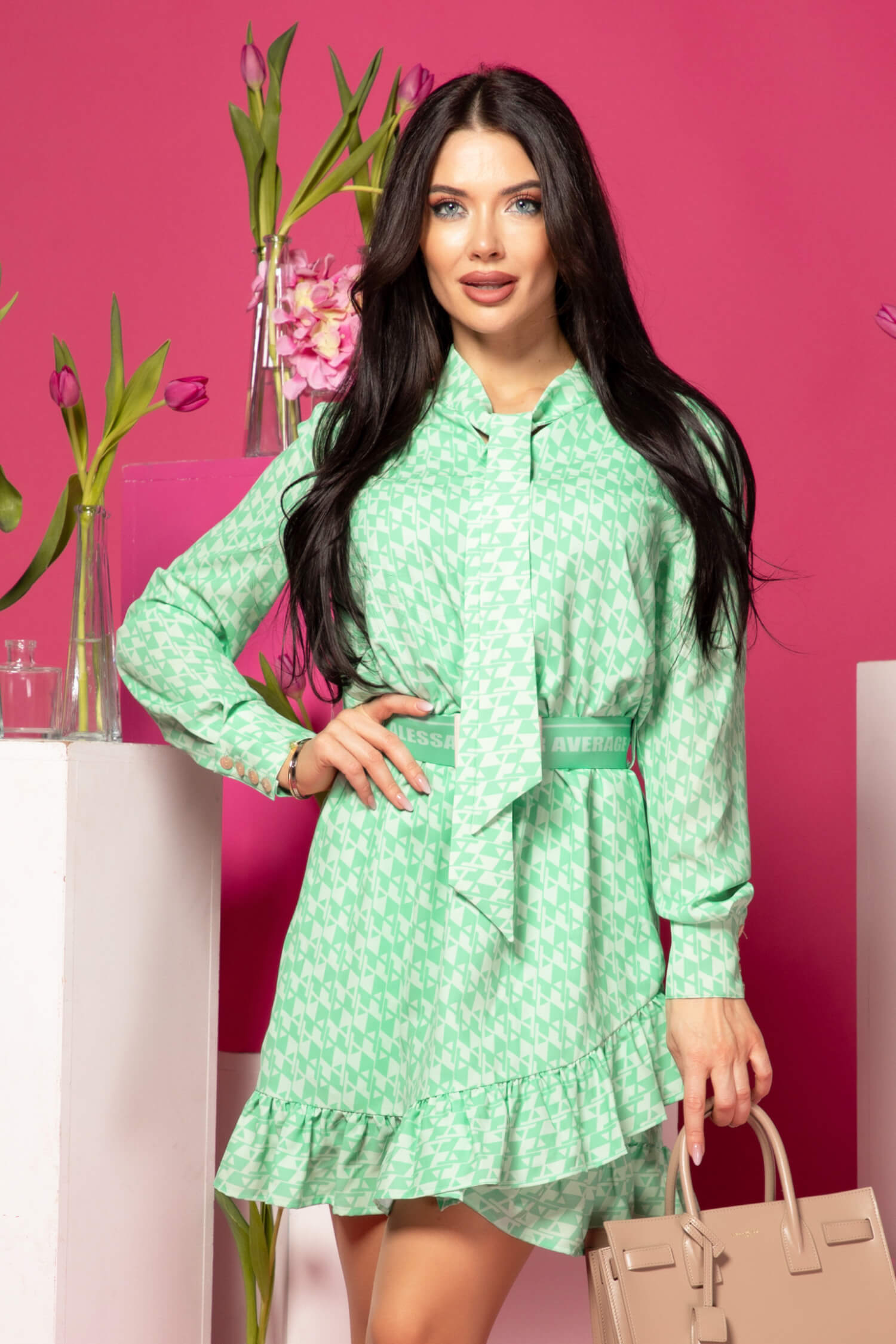 Dazzle Delight Ruffles Rochie cu Centură Mobilă - Green - Imagine 22