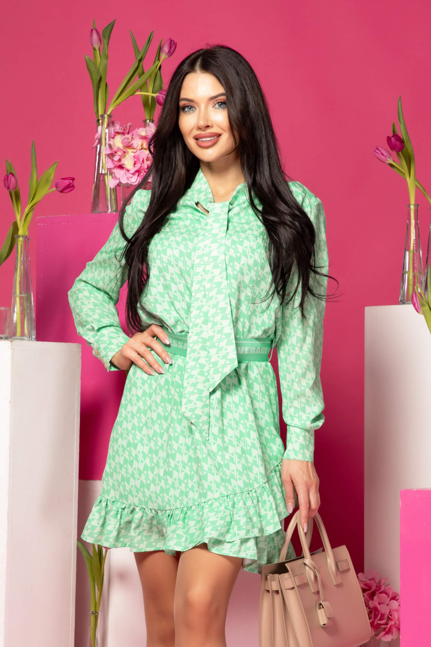 Dazzle Delight Ruffles Rochie cu Centură Mobilă - Green - Imagine 17