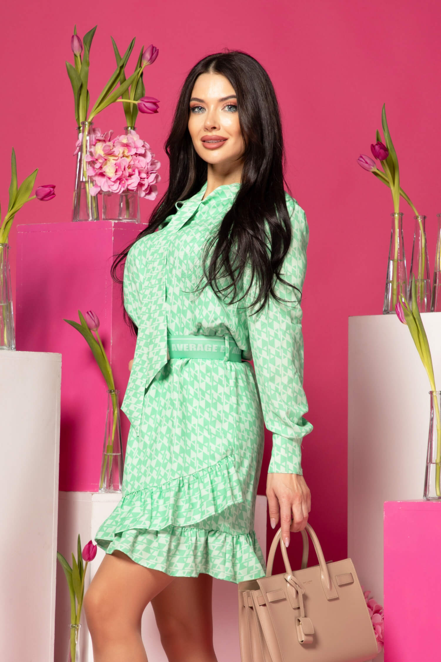 Dazzle Delight Ruffles Rochie cu Centură Mobilă - Green - Imagine 19
