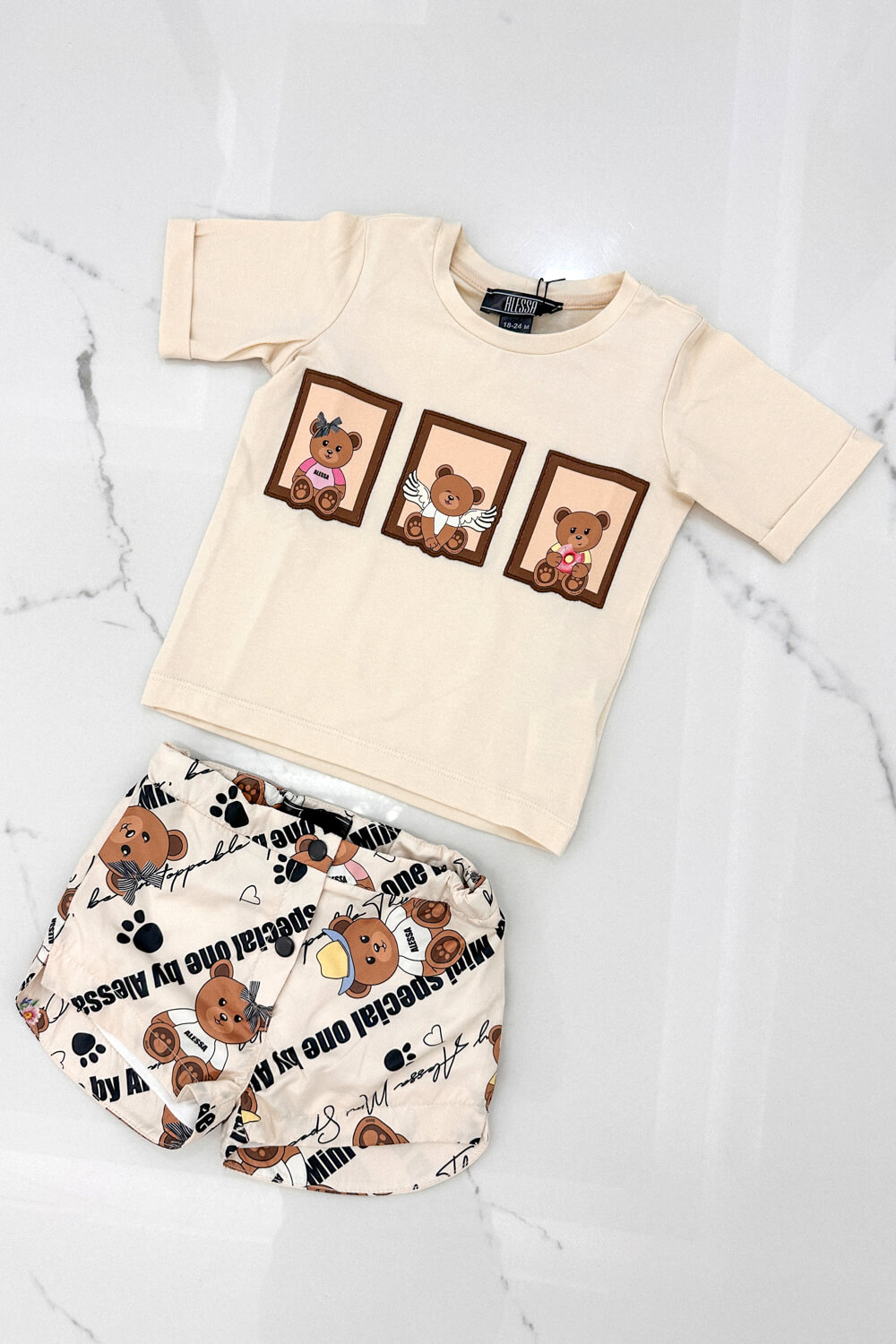 Bear Hug Mini T-Shirt din Bumbac - Soft Beige - Imagine 9