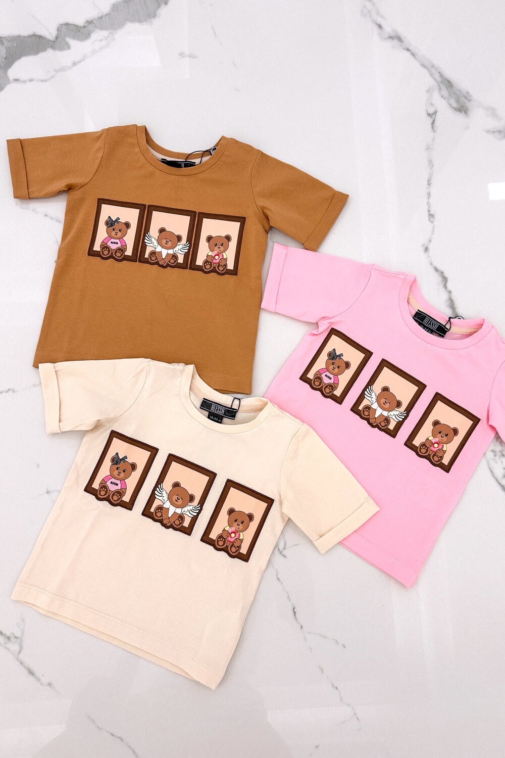 Bear Hug Mini T-Shirt din Bumbac - Soft Beige - Imagine 8