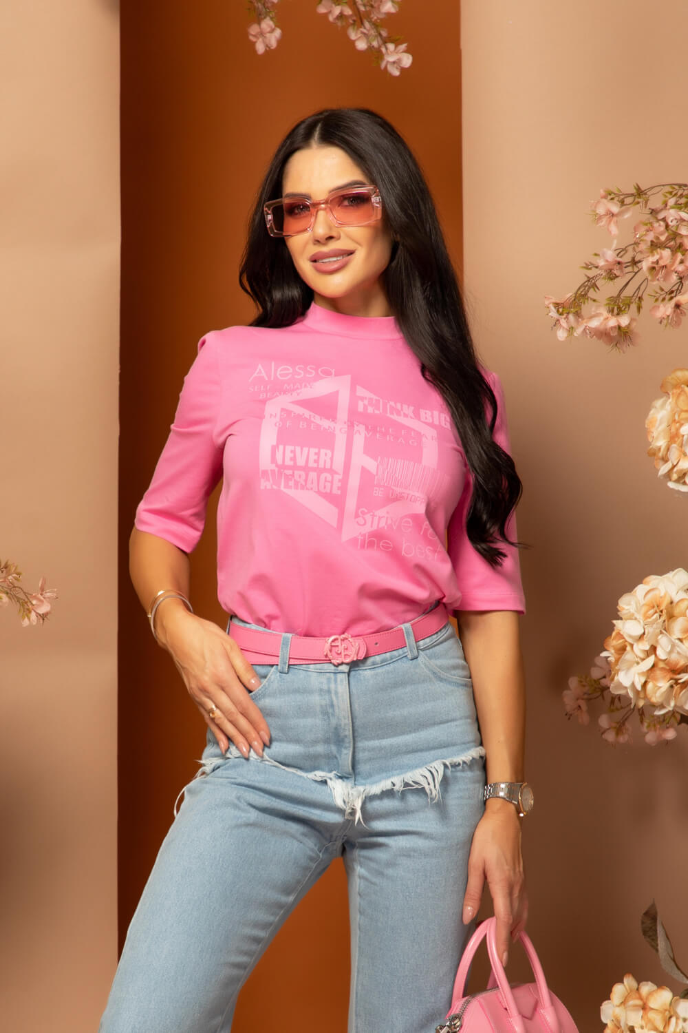 Demure Dynasty T-Shirt Din Bumbac - Pink - Imagine 12