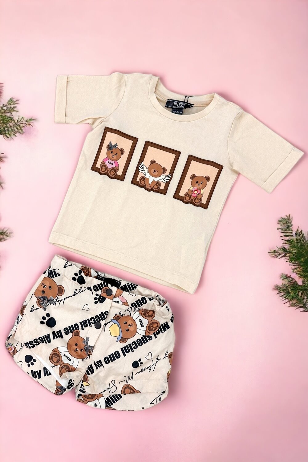 Bear Hug Mini T-Shirt din Bumbac - Soft Beige - Imagine 12