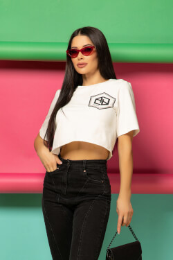 For Your Eyes Only Crop T-Shirt din bumbac - Ecru