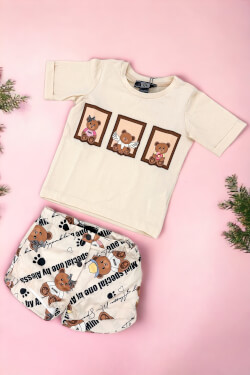 Bear Hug Mini T-Shirt din Bumbac - Soft Beige