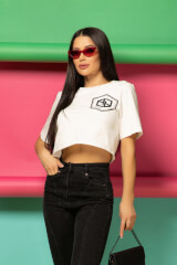 For Your Eyes Only Crop T-Shirt din bumbac - Ecru - Imagine 8
