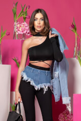 Chic Craze Top Cropped Cu Un Singur Mânecă - Black - Imagine 11